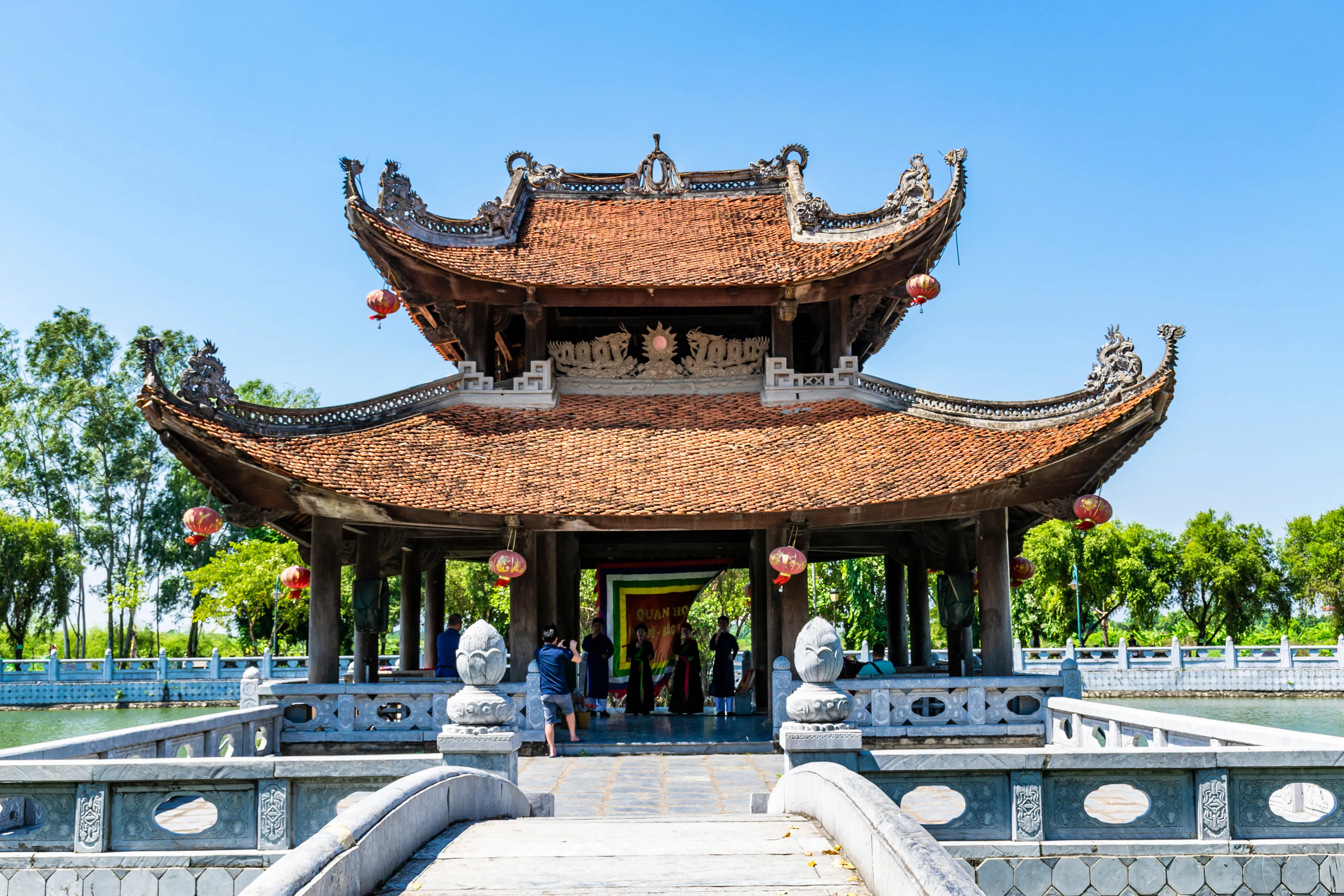 Bac Ninh/Vietnam - Sept 22 2019: Water pavilion and lake, the place for  water puppet plays and quan quan singing, in Ly Bat De shrine (also called Do temple).