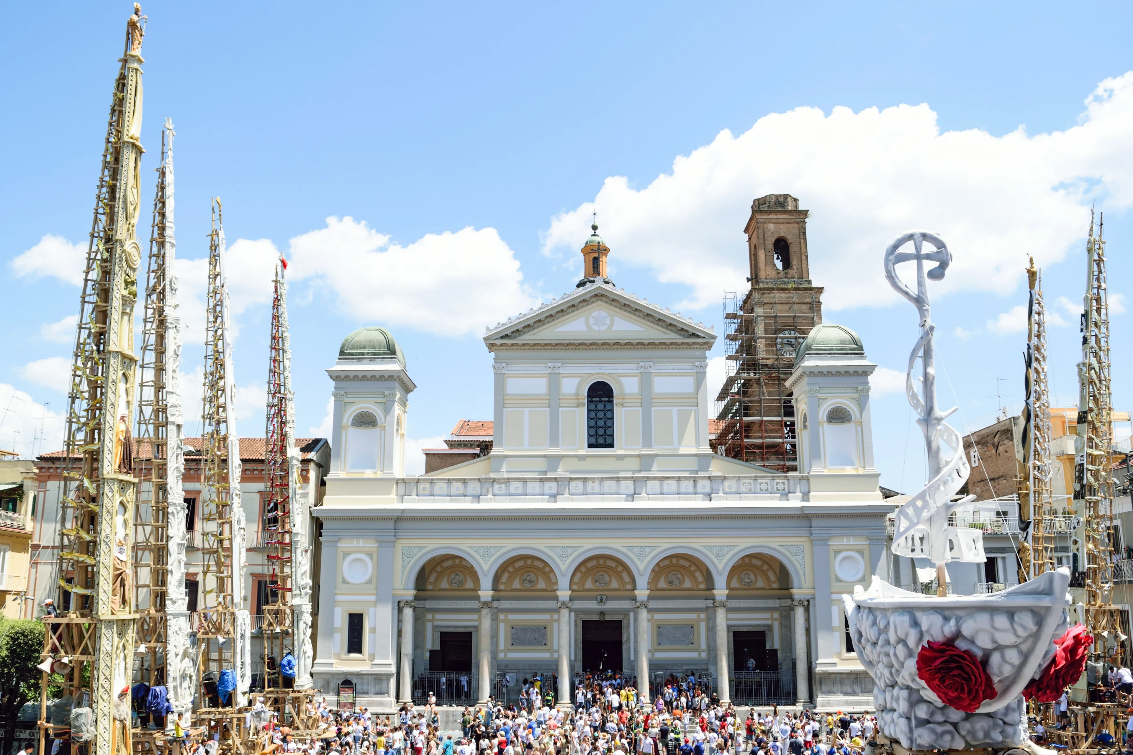 Nola, Italy - 25 June, 2023: Thousands of people celebrate the “Festa dei Gigli” (“Feast of the Lilies”) in the main square of the city