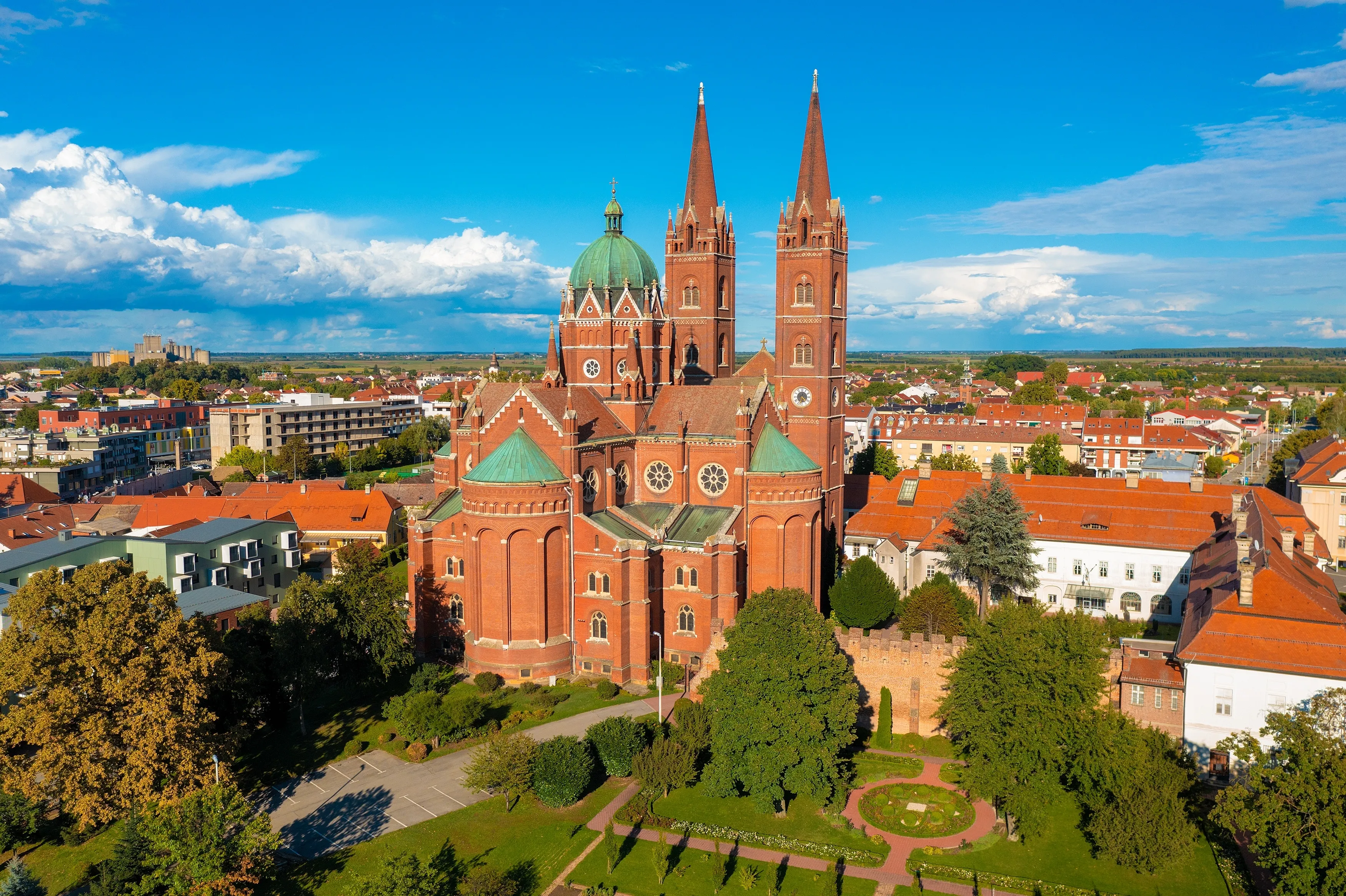 Aerial photo of a cathedral in Djakovo town, Croatia