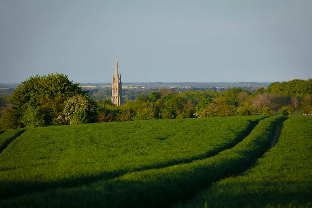 Louth, Lincolnshire, United Kingdom, May 2019, A view of the spire of St James Church in the town of Louth in the Wolds