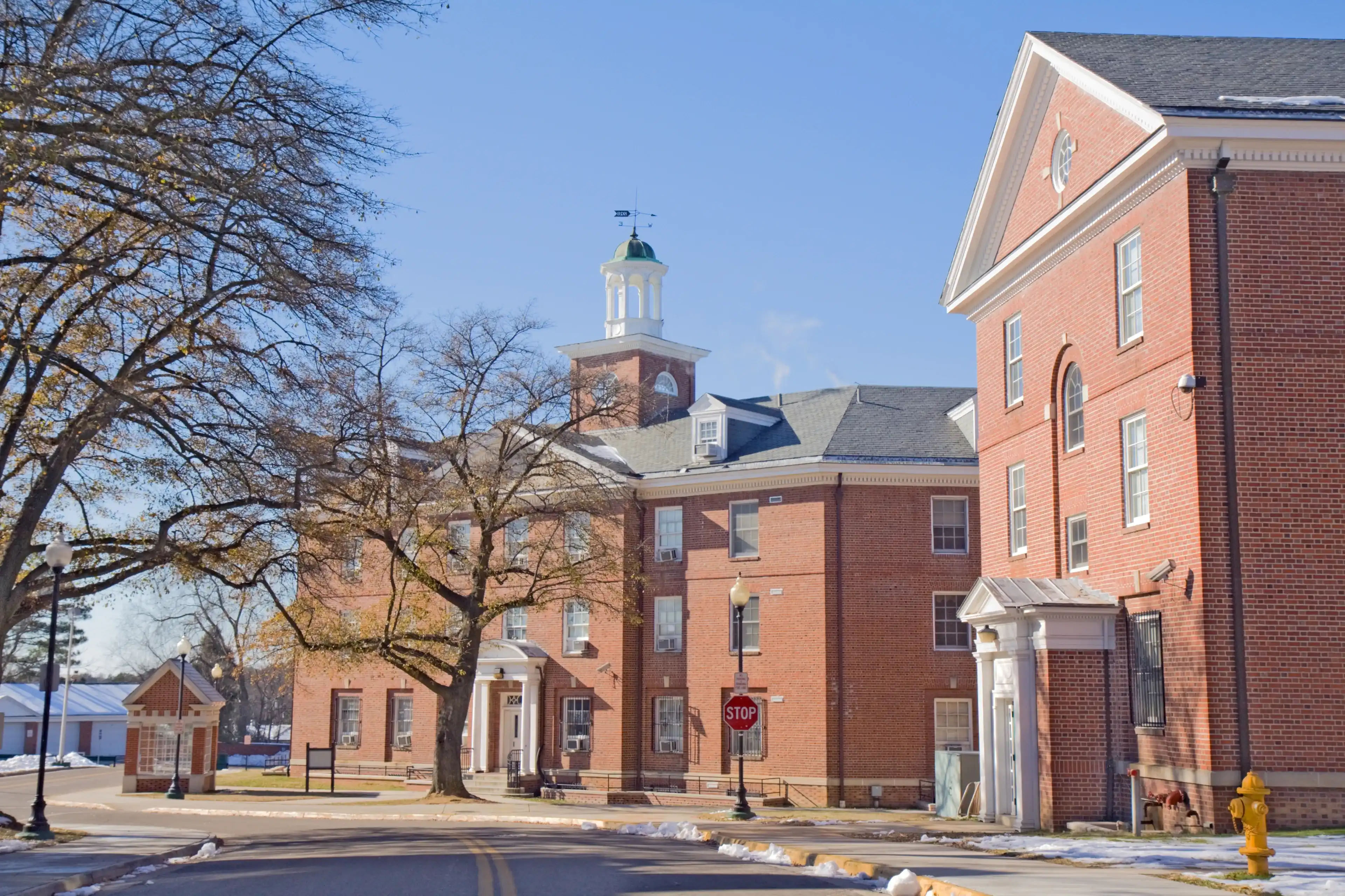 Byrd and Eggleston Halls on the campus of Virginia State University near Petersburg, Virginia, one of the public, Historically Black Colleges and Universities with blue sky and white snow in winter
