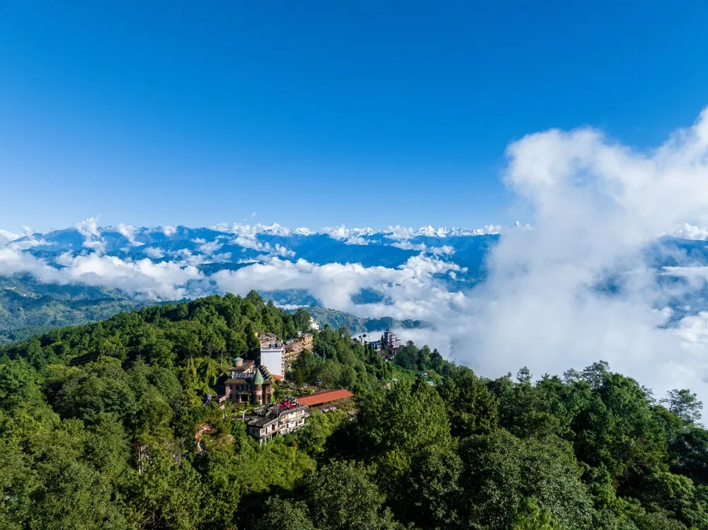 Aerial view of the peaks of Himalaya from Nagarkot, Nepal. A sea of clouds and Himalayan peaks towering out
