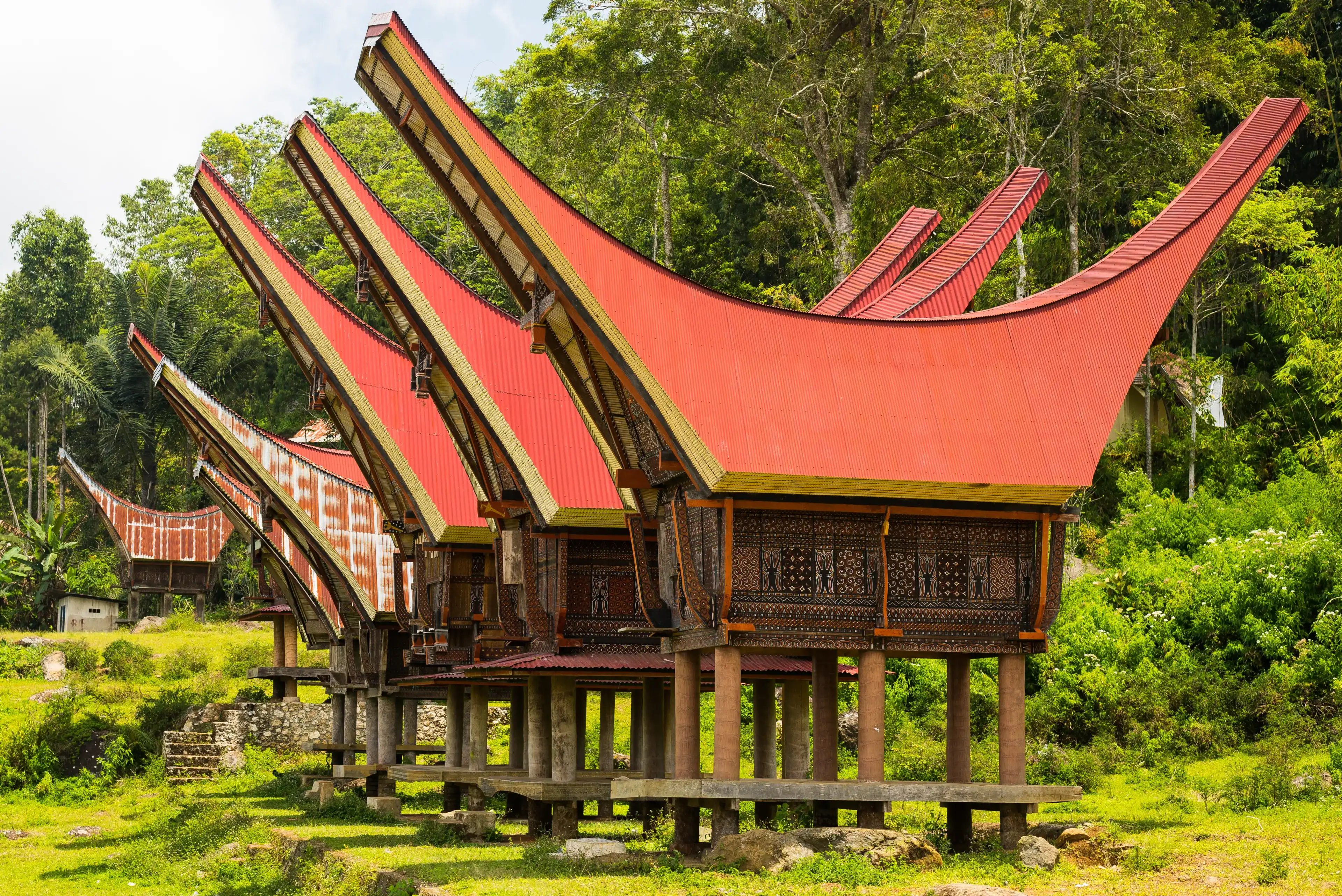 Traditional village of residential buildings with decorated facade and boat shaped roofs. Tana Toraja, South Sulawesi, Indonesia.