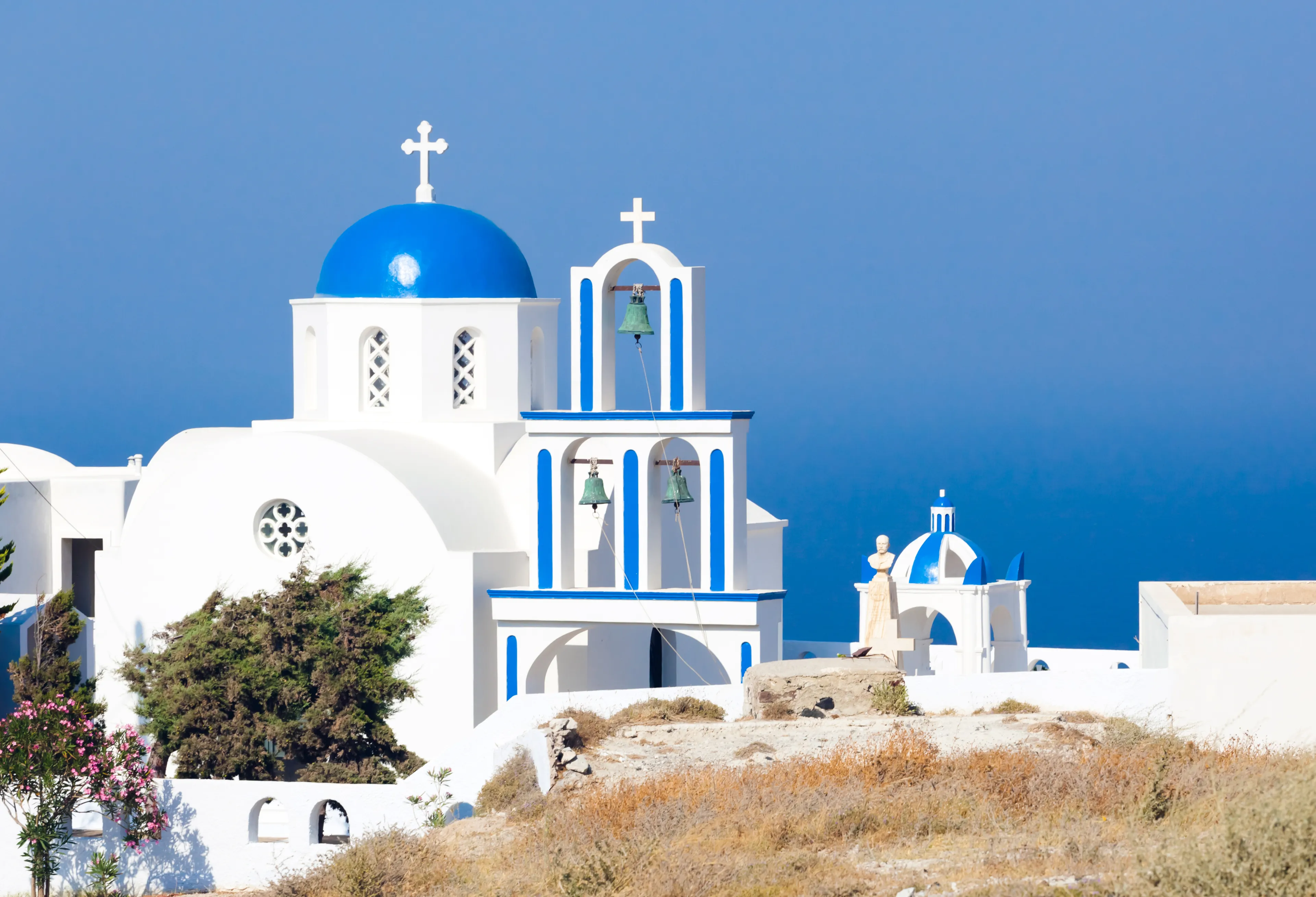 Santorini, Pyrgos, typical church with blue cupola
