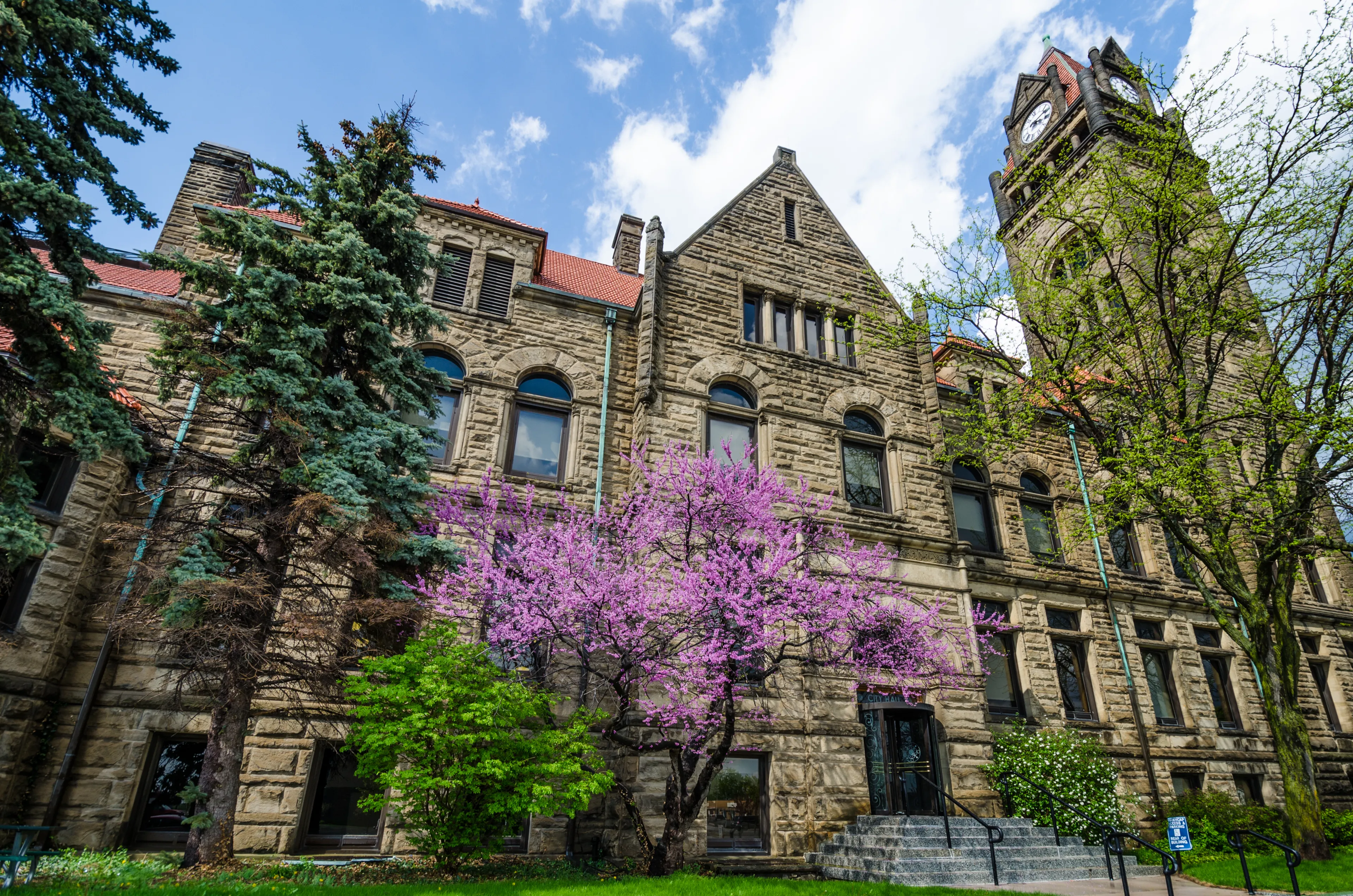 BAY CITY, MICHIGAN – MAY 21, 2014: The historic City Hall is an excellent example of municipal architecture in the American Romanesque style. The building was constructed from 1894 to 1897. 
