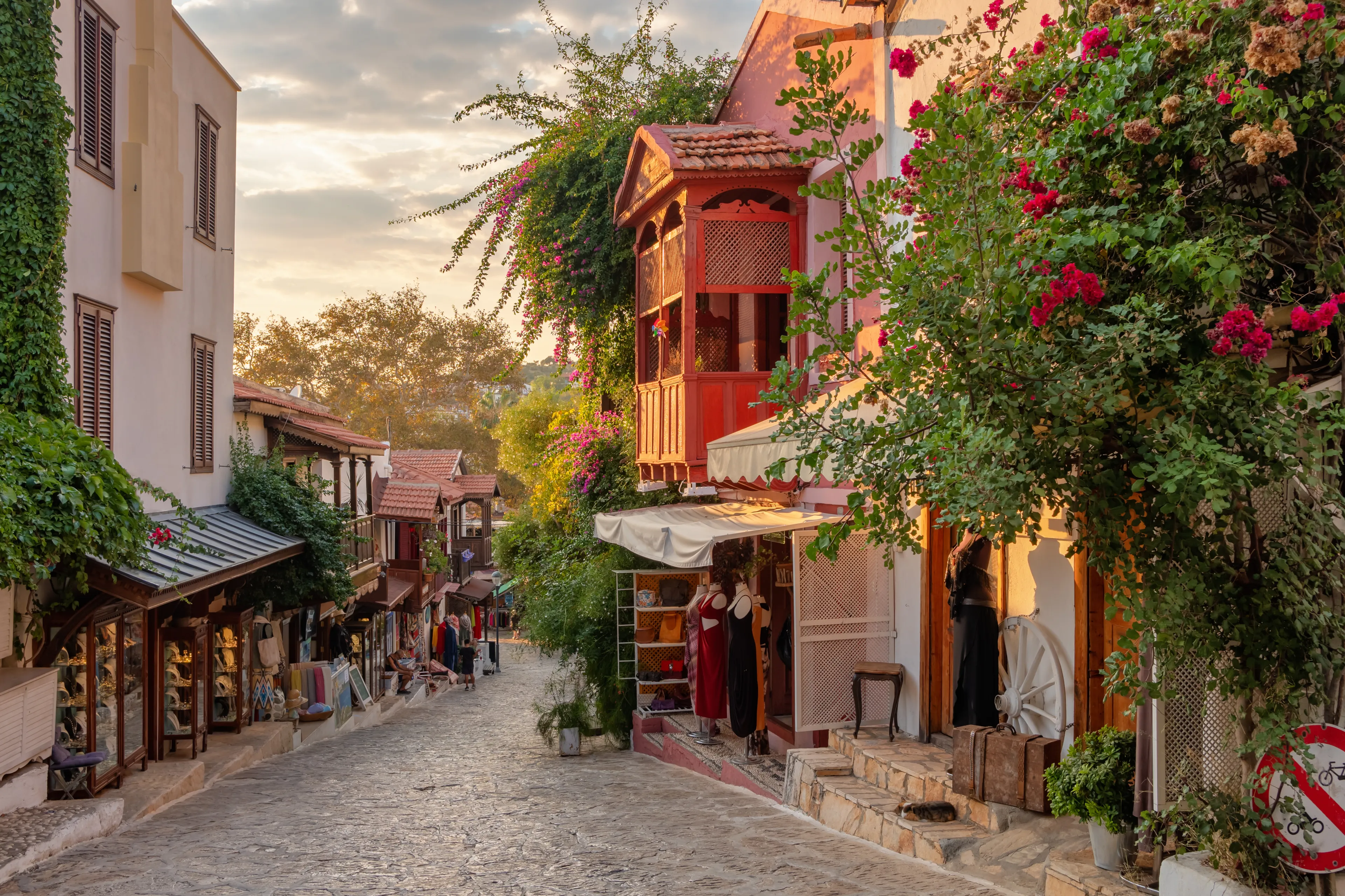 Beautiful street in the Kas old town with boutique shops at sunset, Turkey Kas Town is popular tourist destination in Turkey
