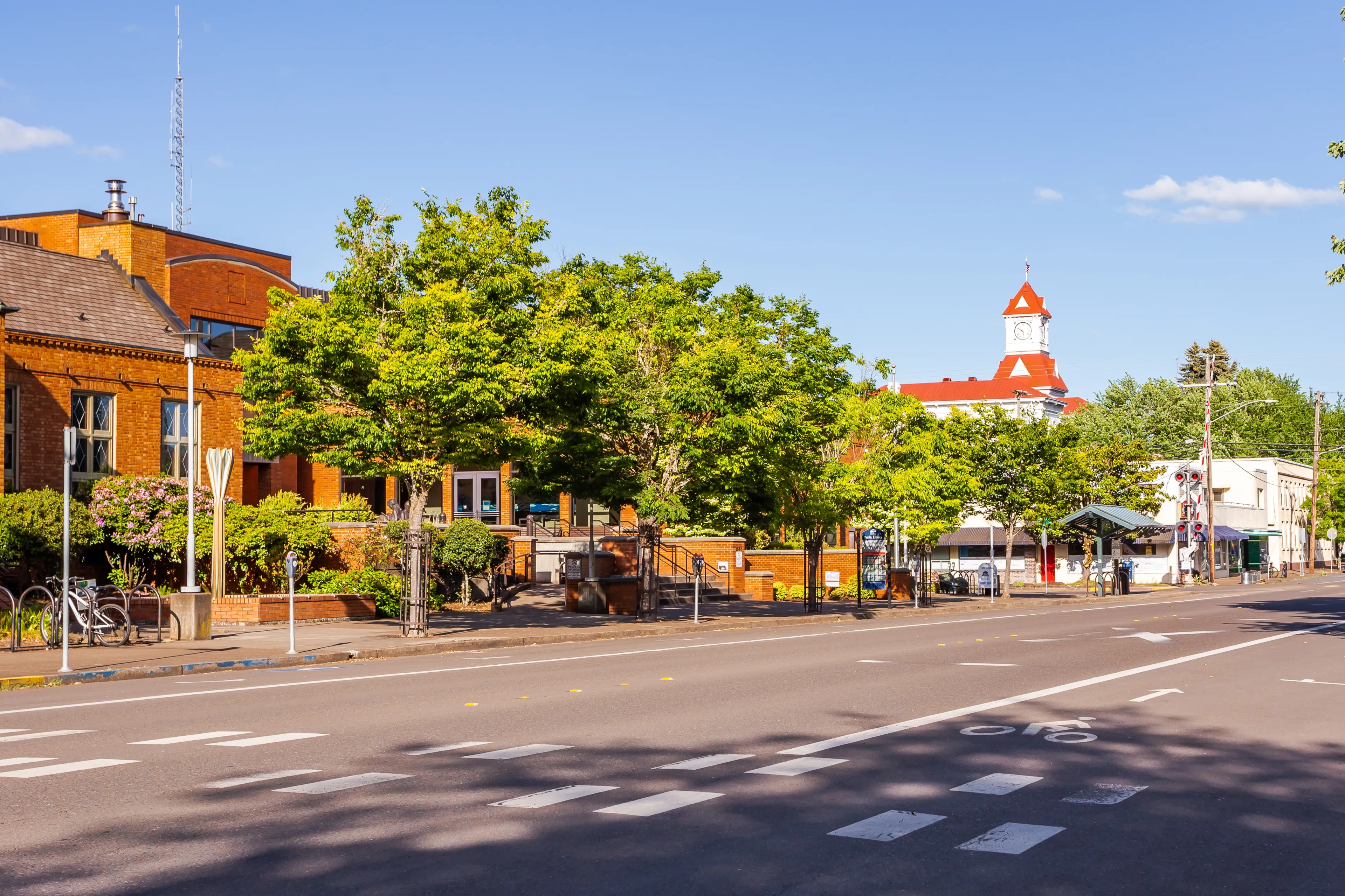 Corvallis, Oregon, USA - May 26th, 2024: Downtown street in Corvallis in summer