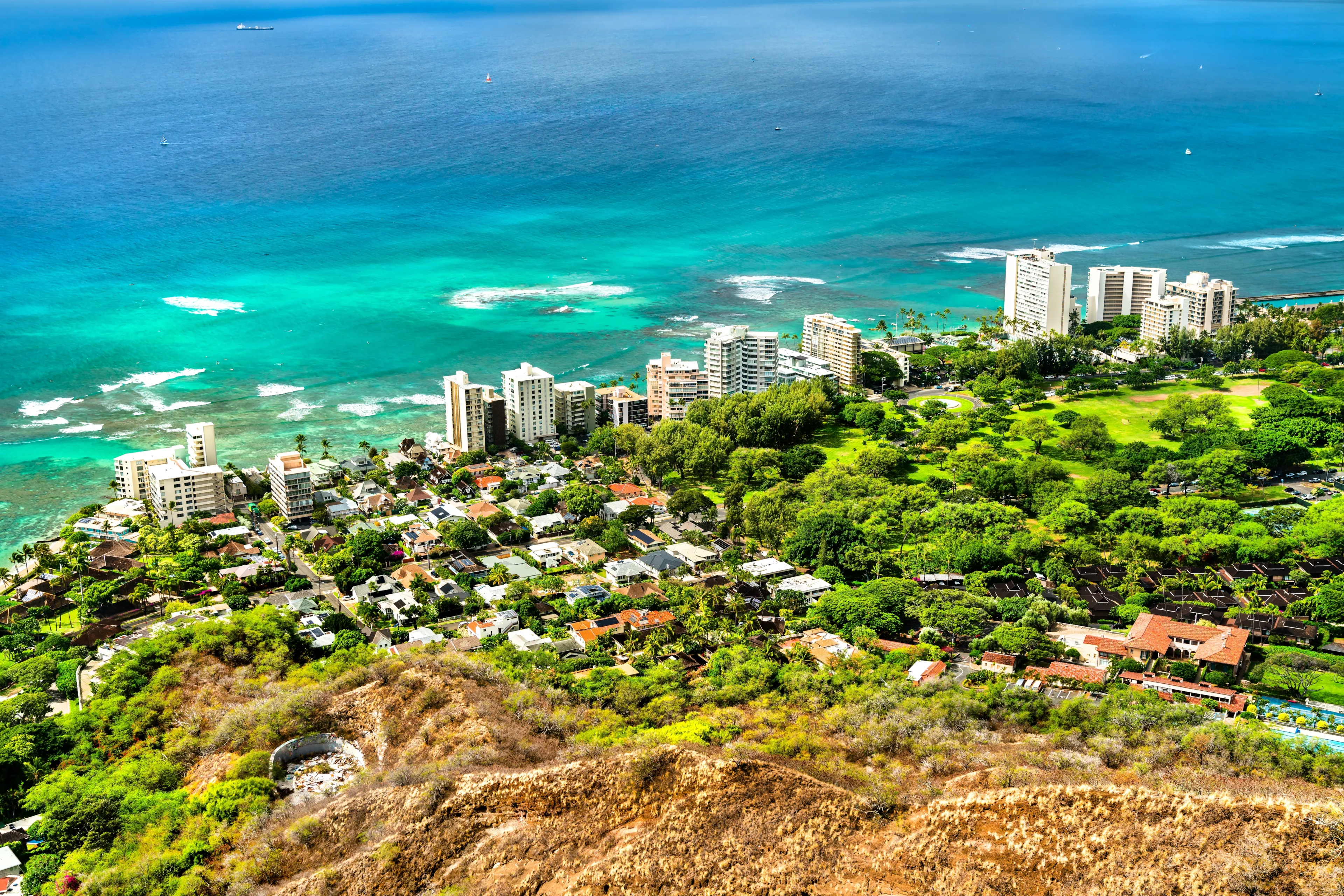 Buildings at the foot of Diamond Head Volcano in Honolulu - Oahu, Hawaii, United States