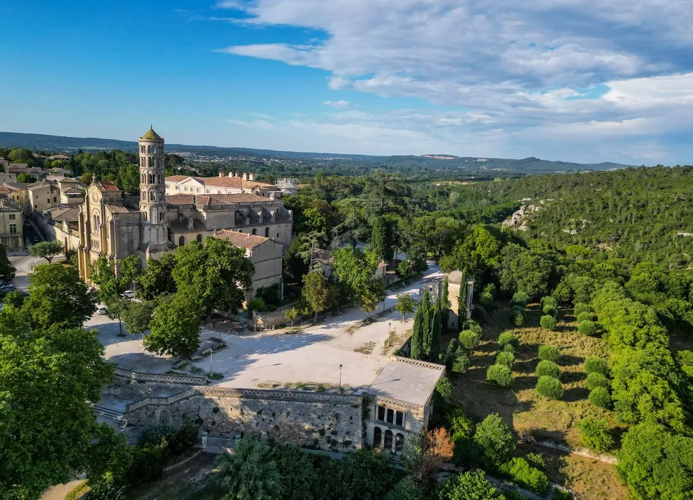Aerial view of Saint-Théodorit d'Uzès cathedral, Southern France