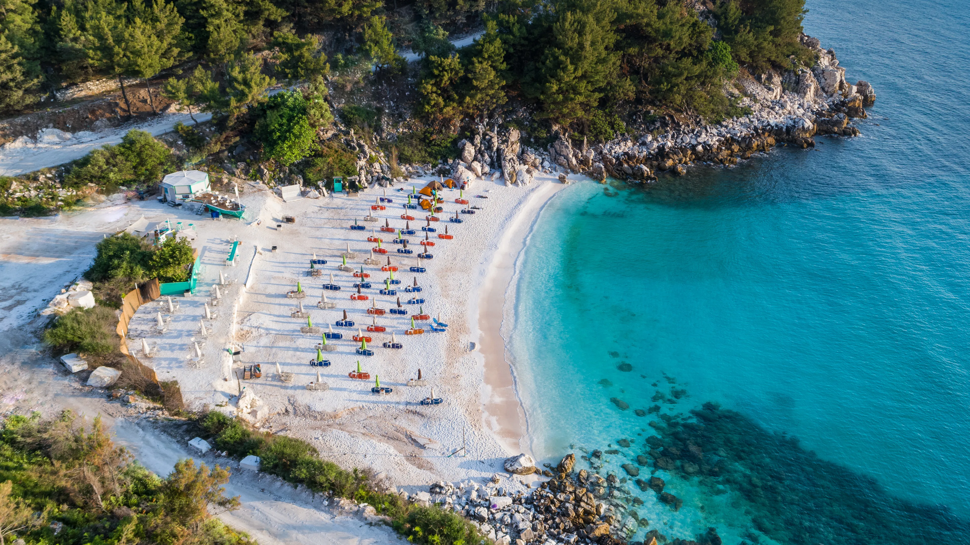 Aerial view of Marble beach. The most beautiful white beach in Greece