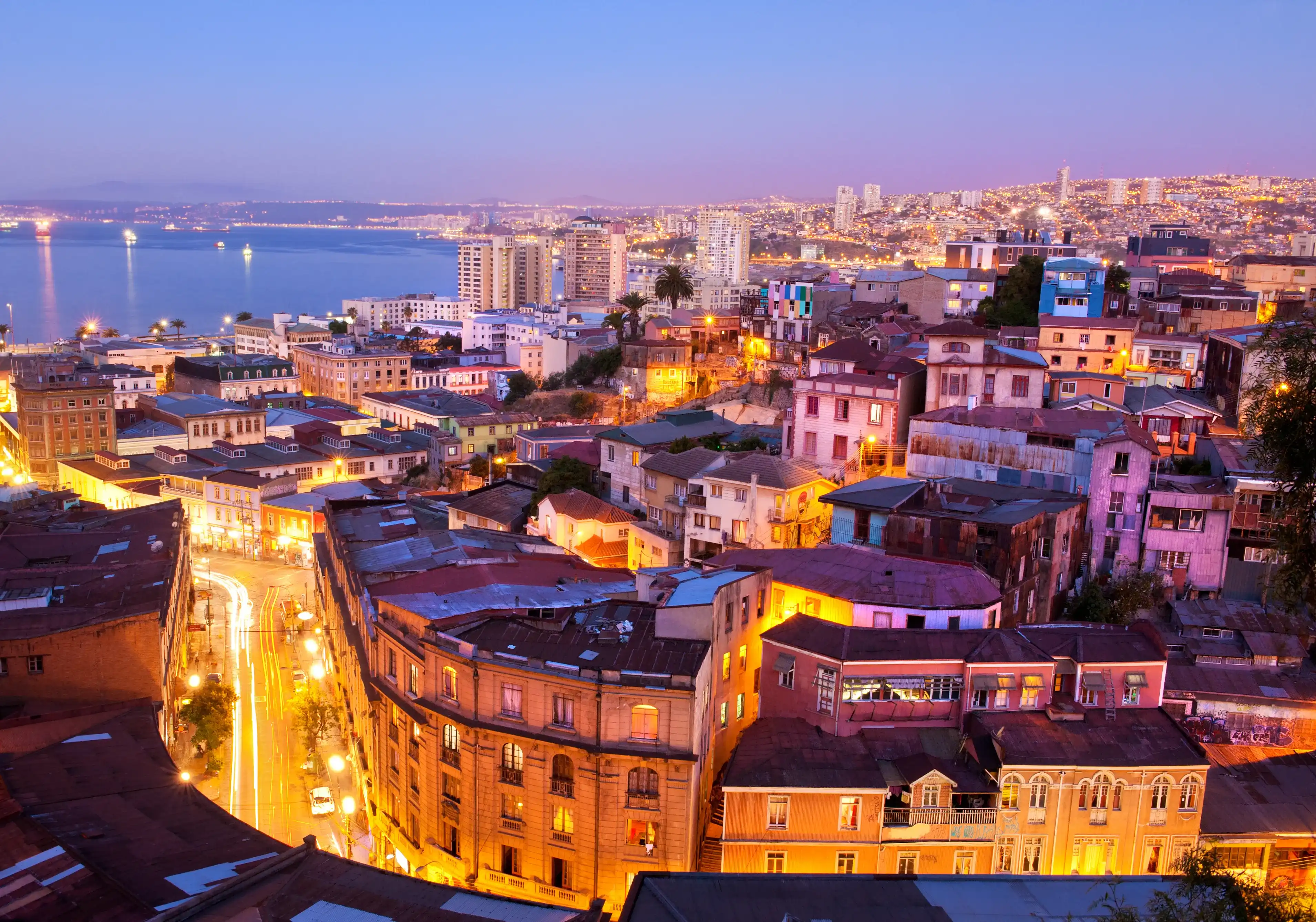the historic quarter of Valparaiso, declared a UNESCO World Heritage Site in 2003, by night.