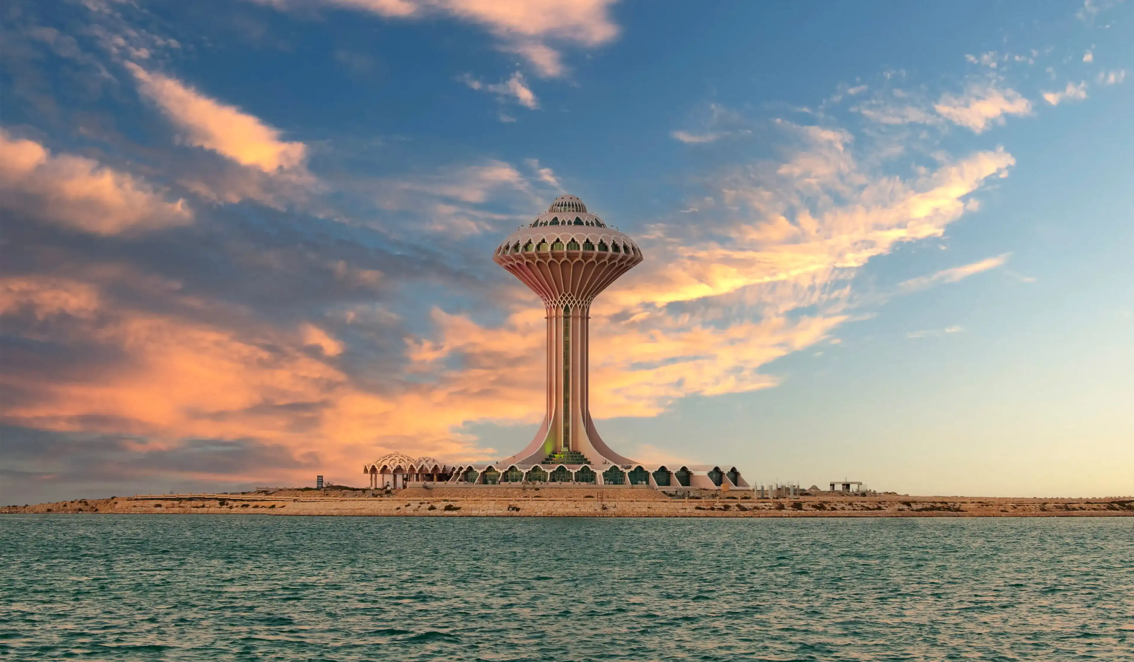 Al Khobar, February 27, 2021. Khobar Water Tower during sunset, Eastern Province, Saudi Arabia