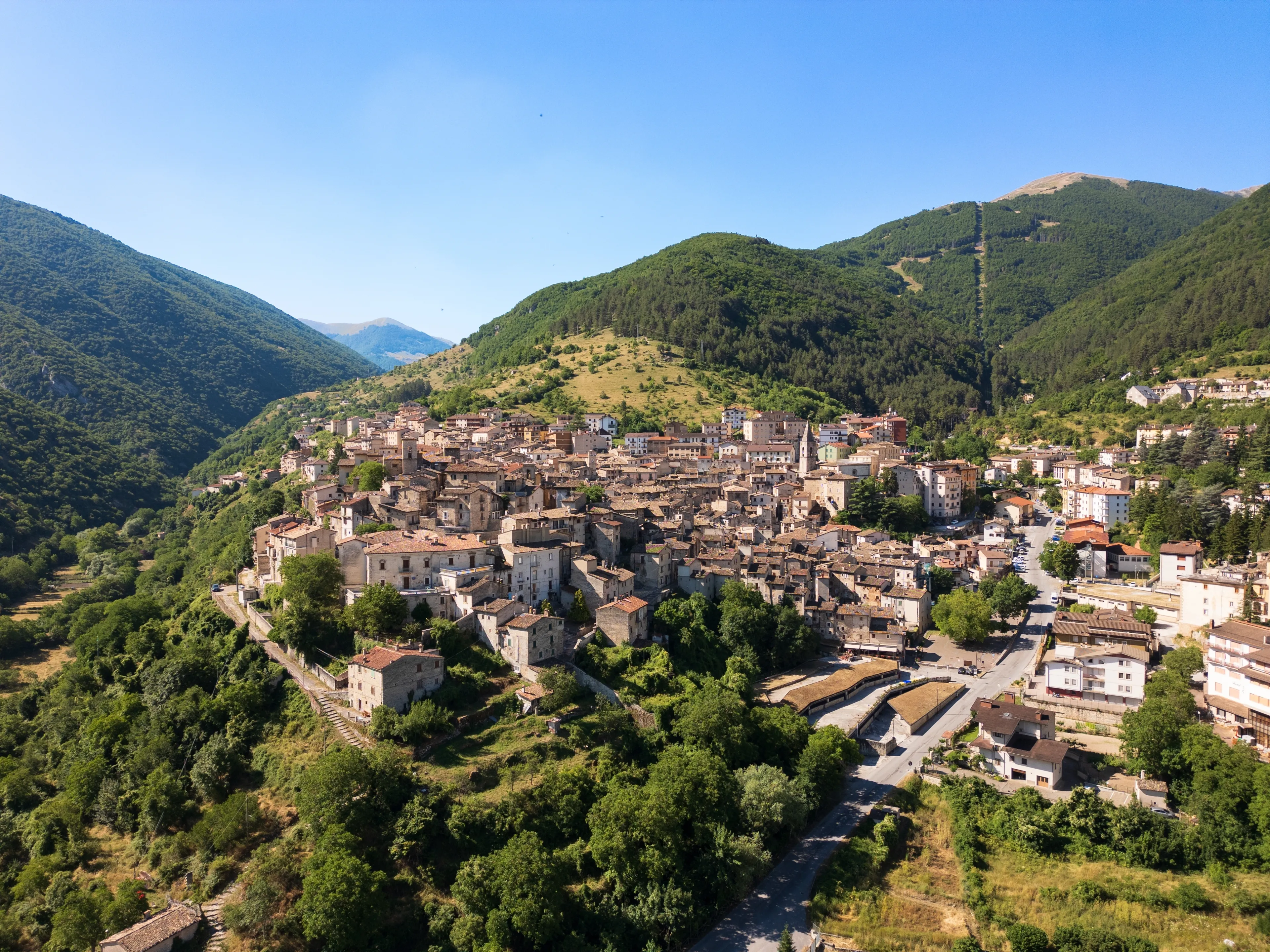 Aerial drone view of the medieval village of Scanno in the province of L'Aquila, Abruzzo. This place exudes history, peace, and tranquility.
