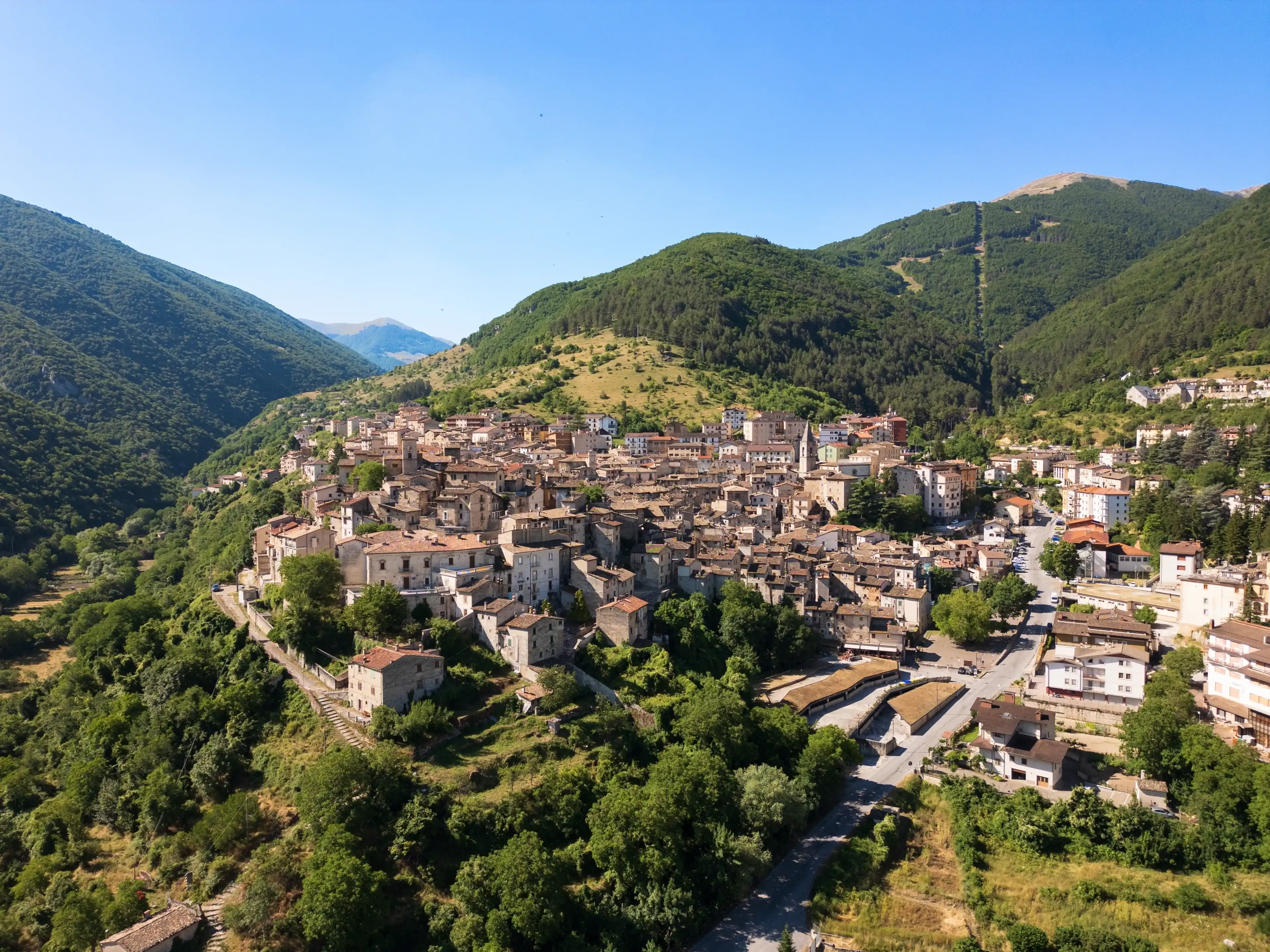 Aerial drone view of the medieval village of Scanno in the province of L'Aquila, Abruzzo. This place exudes history, peace, and tranquility. Aerial drone view of the medieval village of Scanno in the province of L'Aquila, Abruzzo. This place exudes history, peace, and tranquility.