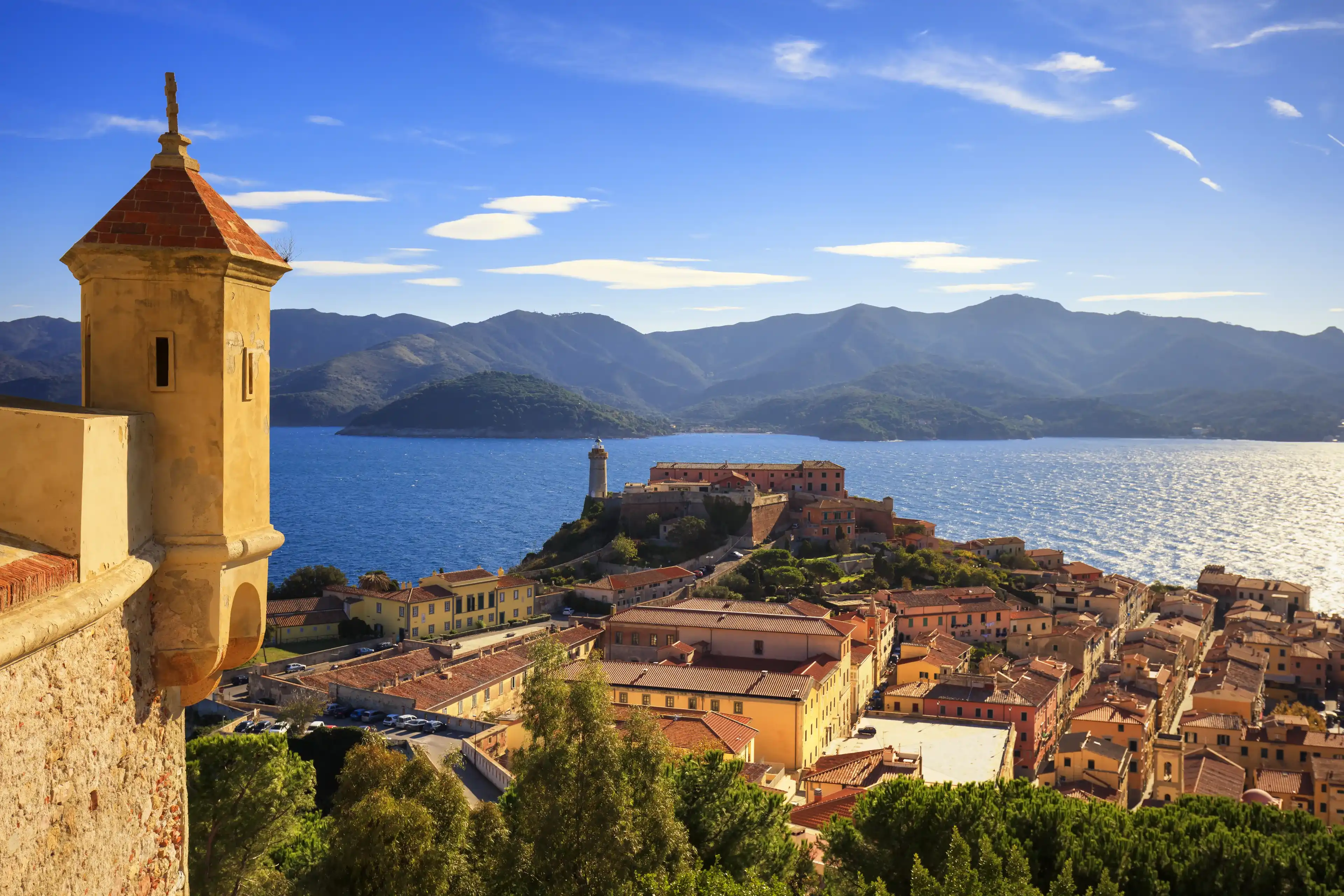 Elba island, Portoferraio aerial view. Lighthouse and medieval fort. Tuscany, Italy, Europe. Elba island, Portoferraio aerial view. Lighthouse and medieval fort. Tuscany, Italy, Europe.