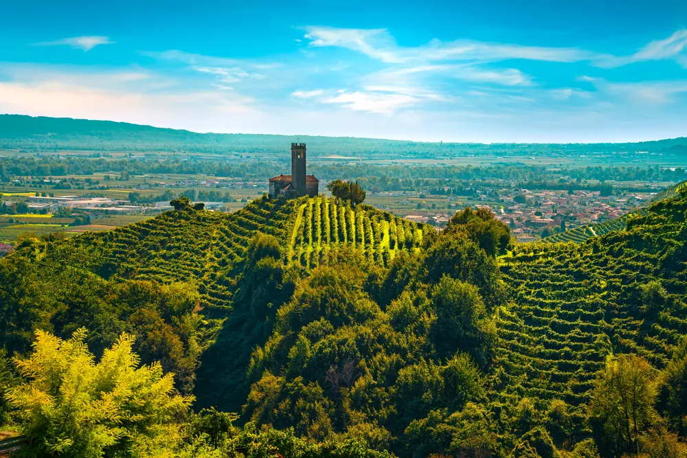 Prosecco Hills, vineyards and San Lorenzo church. Unesco Site. Farra di Soligo. Veneto, Italy, Europe.