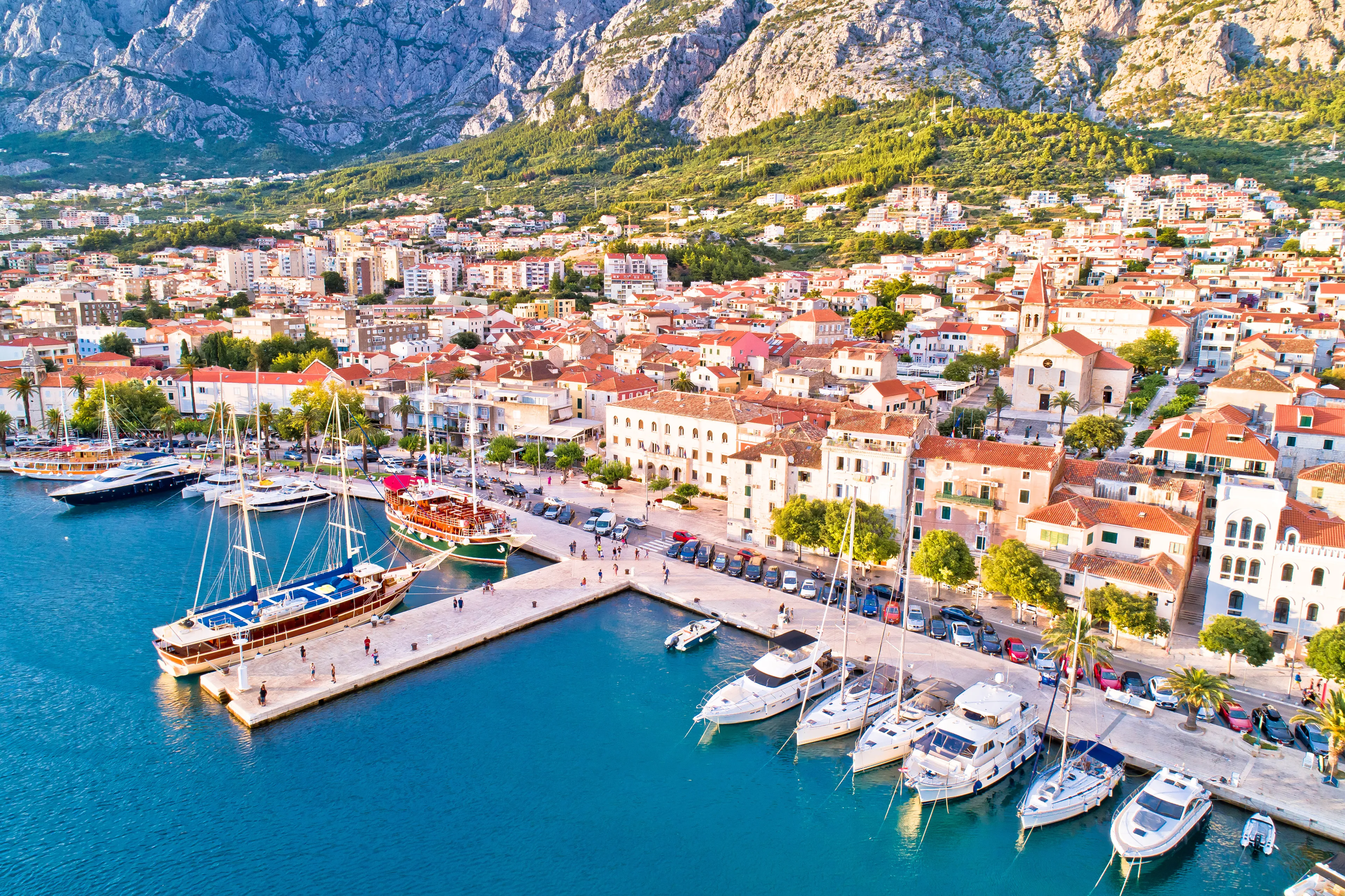 Makarska. Tourist city of Makarska waterfront aerial view, Dalmatia archipelago of Croatia