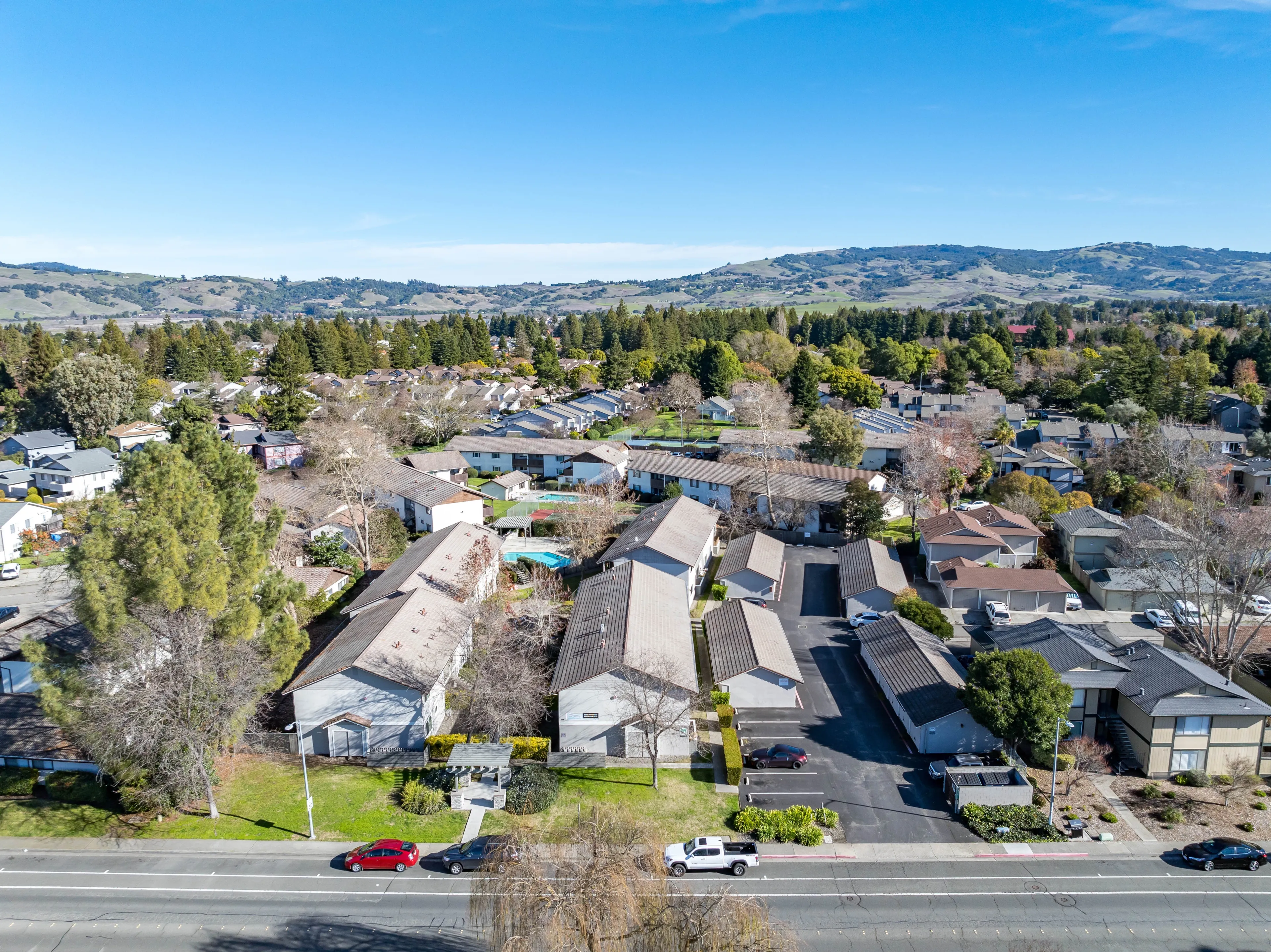 Aerial images over a community in Rohnert Park, California on a beautiful winter day with a blue sky