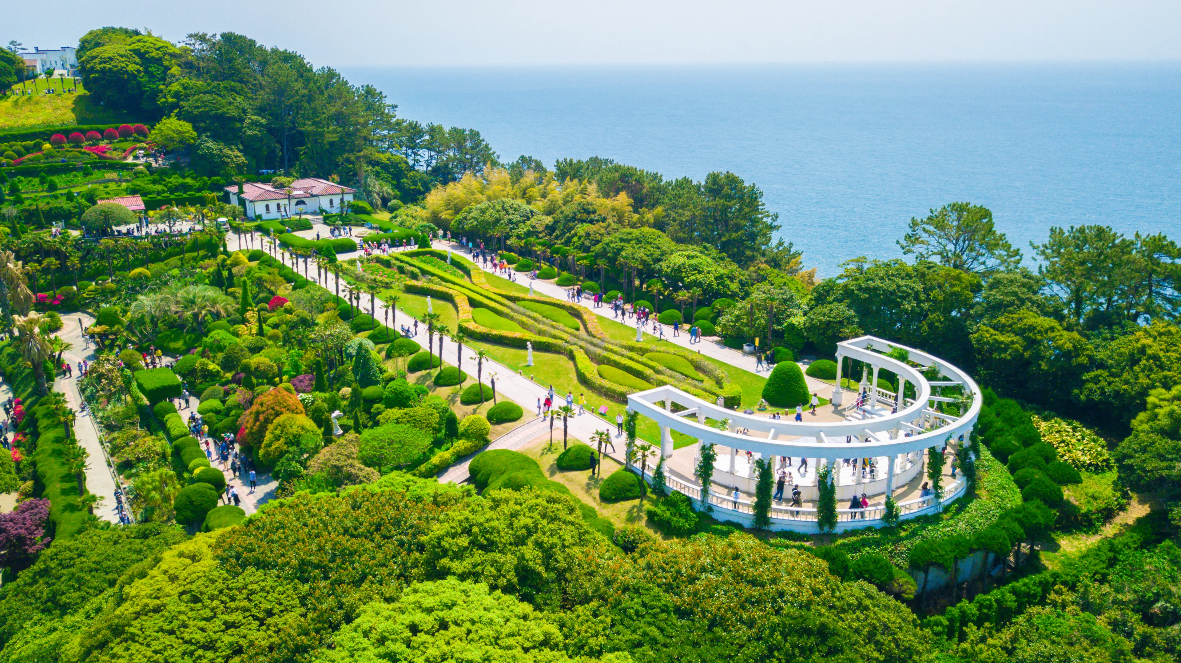 Aerial view of Oedo-Botania island, garden scenery at summer day in Geoje island, South Korea.