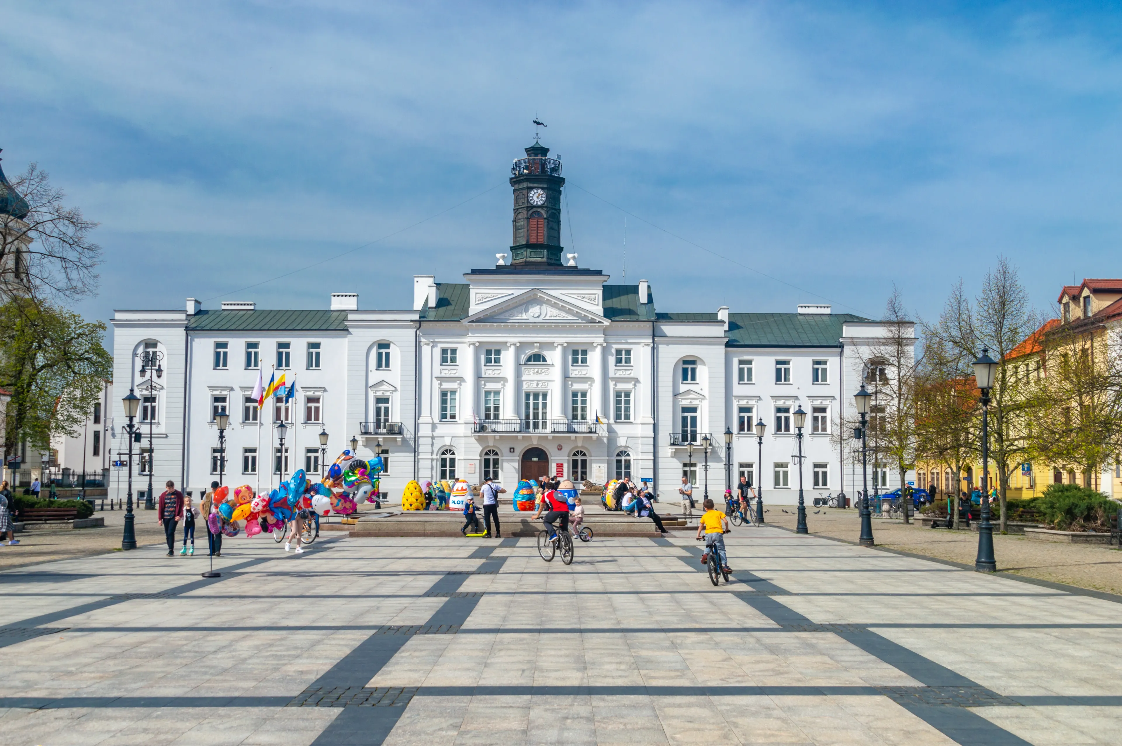 Plock, Poland - April 7, 2024: The Town Hall (Municipal Office of Plock) at Old Market Square.