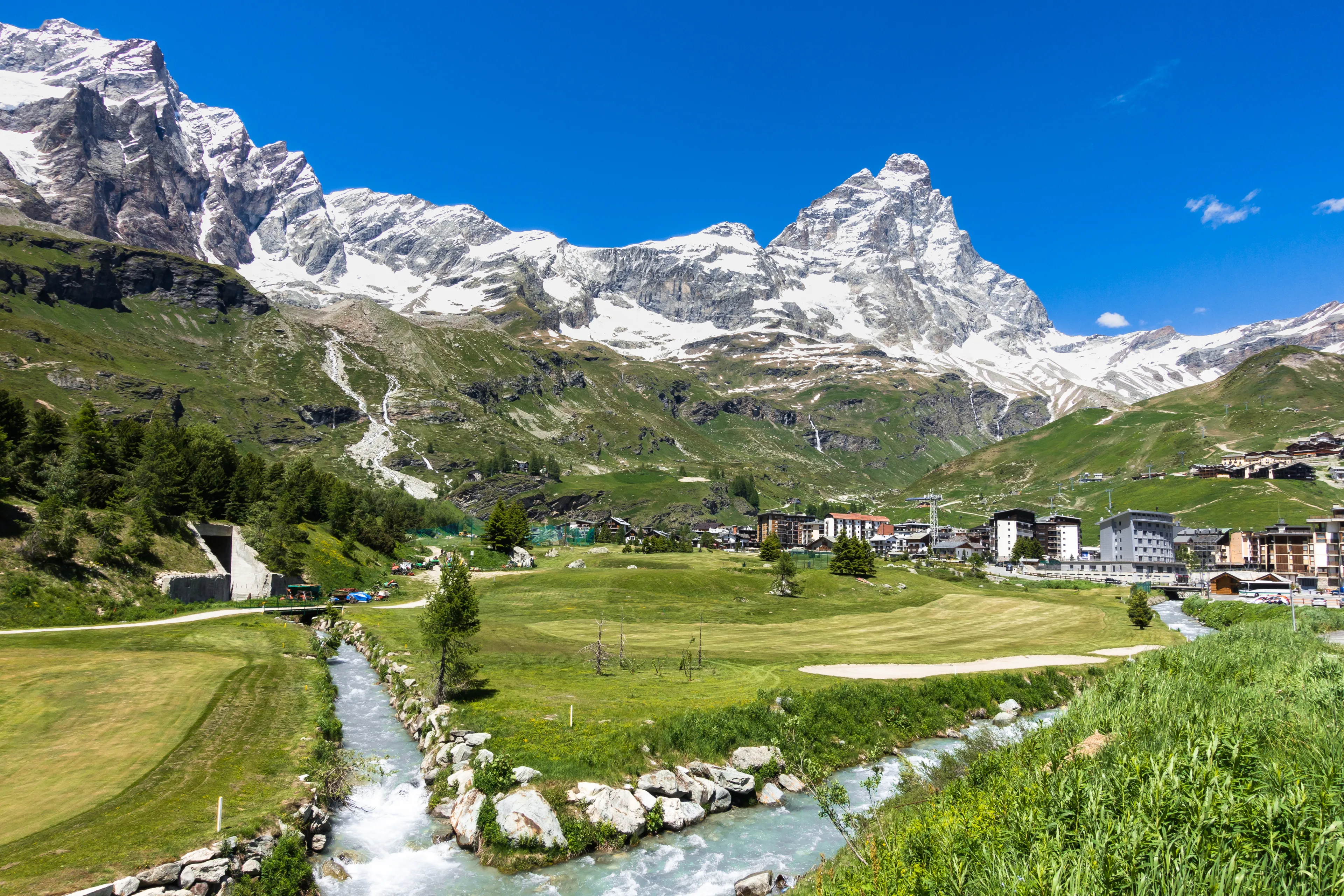 Summer panorama of Breuil-Cervinia an alpine resort town at the foot of the Matterhorn (Cervino), Aosta Valley, northern Italy