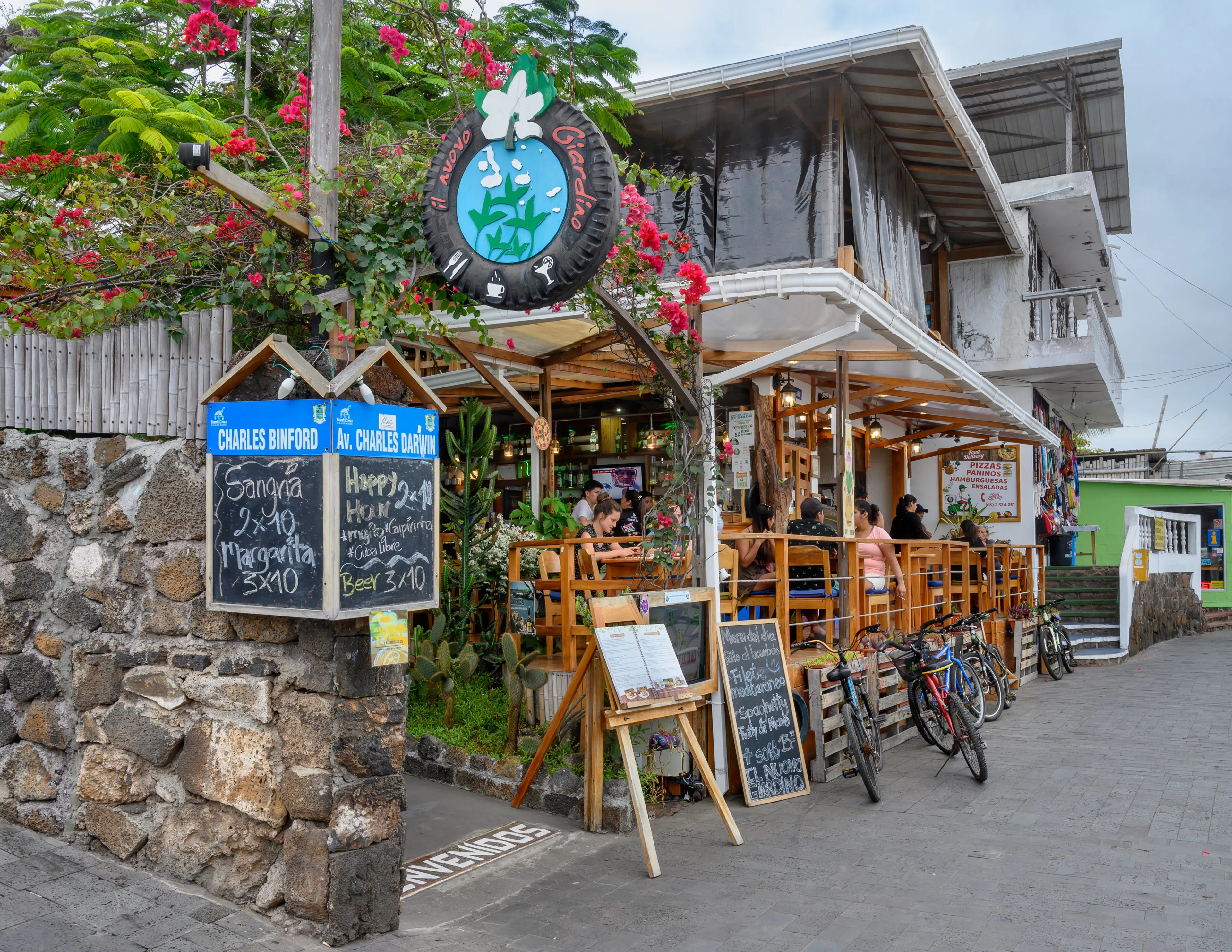 GALAPAGOS, ECUADOR - AUGUST 30, 2019 : Restaurant on main street of Santa Cruz island in Galapagos, Ecuador.