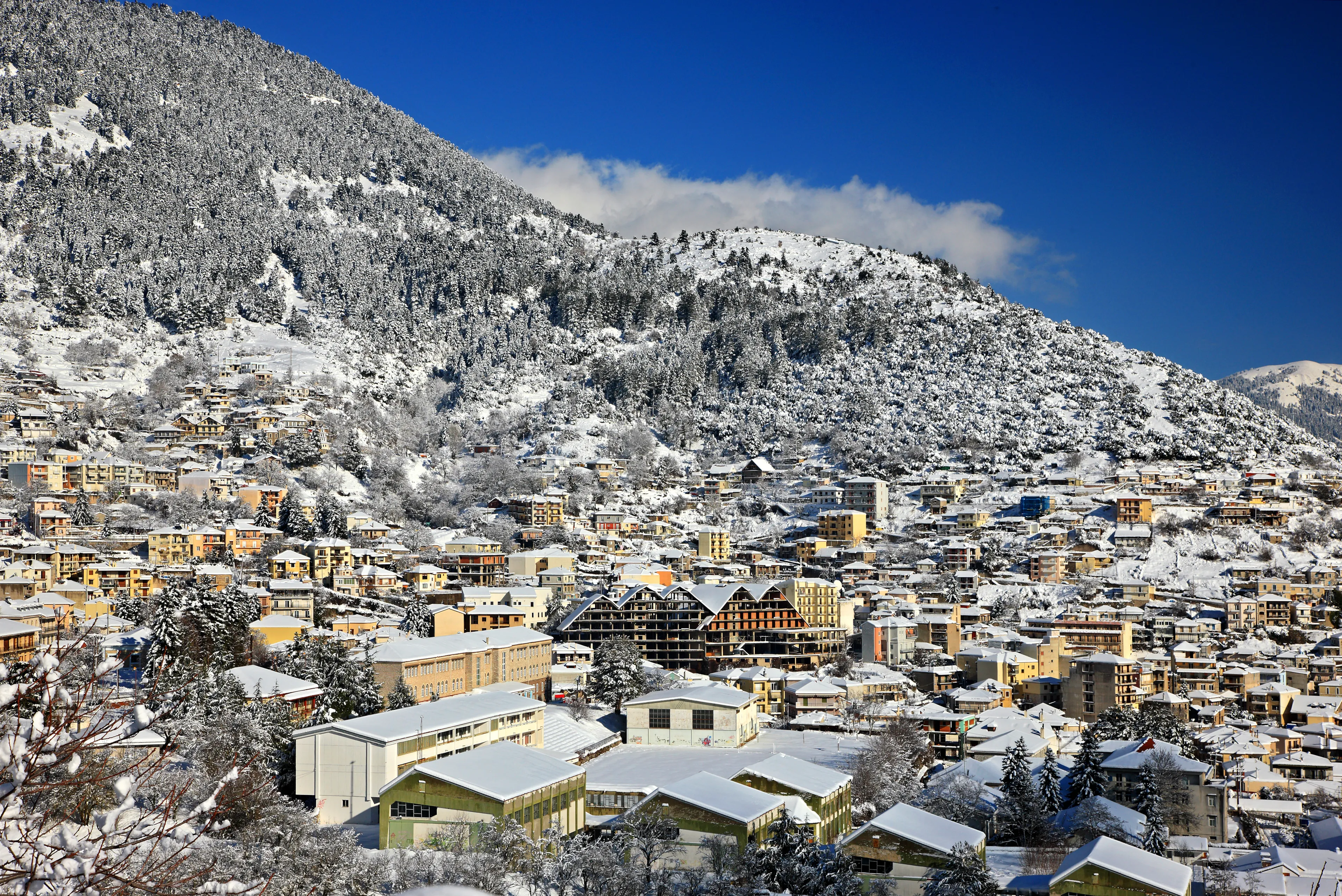 EVRYTANIA, GREECE. View of Karpenissi town and Velouchi (or "Tymphristos") mountain. Karpenissi is the "capital" of Evrytania prefecture.