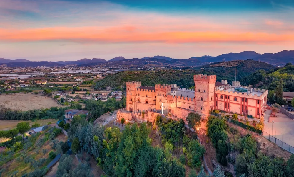 Attractive morning view from flying drone of Castelluccio Castle. Perfect sunrise on Battipaglia town, Italy, Europe. Traveling concept background.
