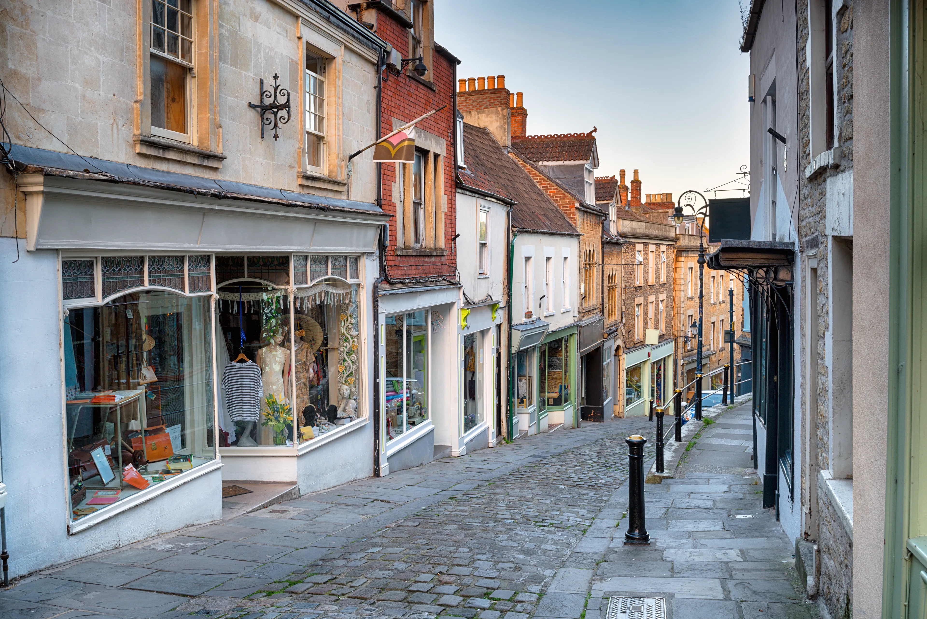 Cobbled streets at Catherine Hill in Frome, Somerset