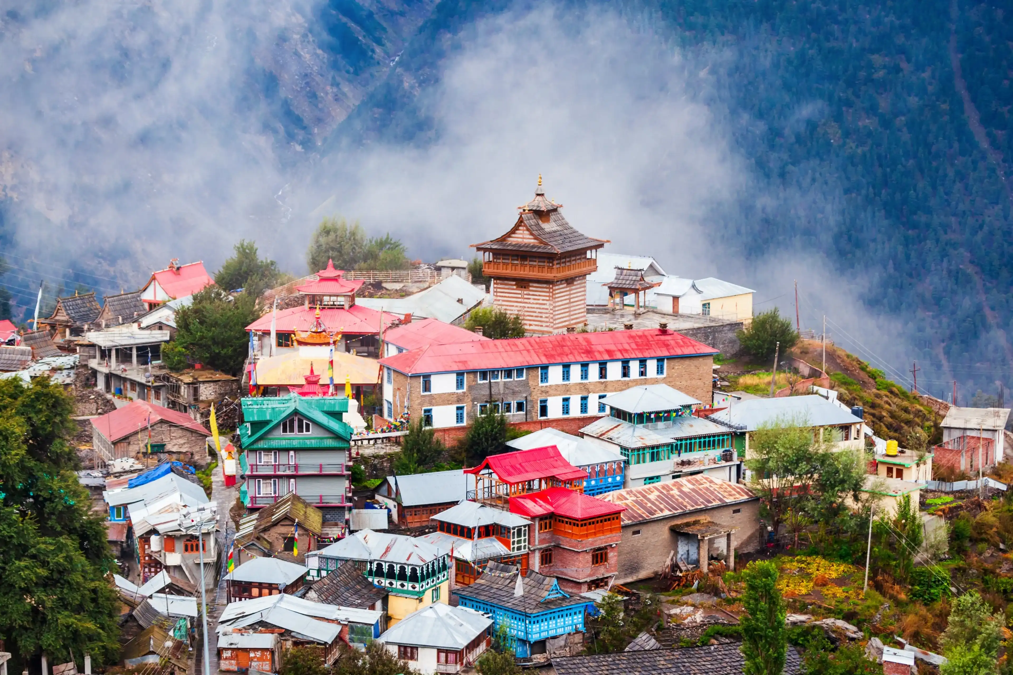 Kalpa and Kinnaur Kailash mountain aerial panoramic view. Kalpa is a small town in the Sutlej river valley, Himachal Pradesh in India