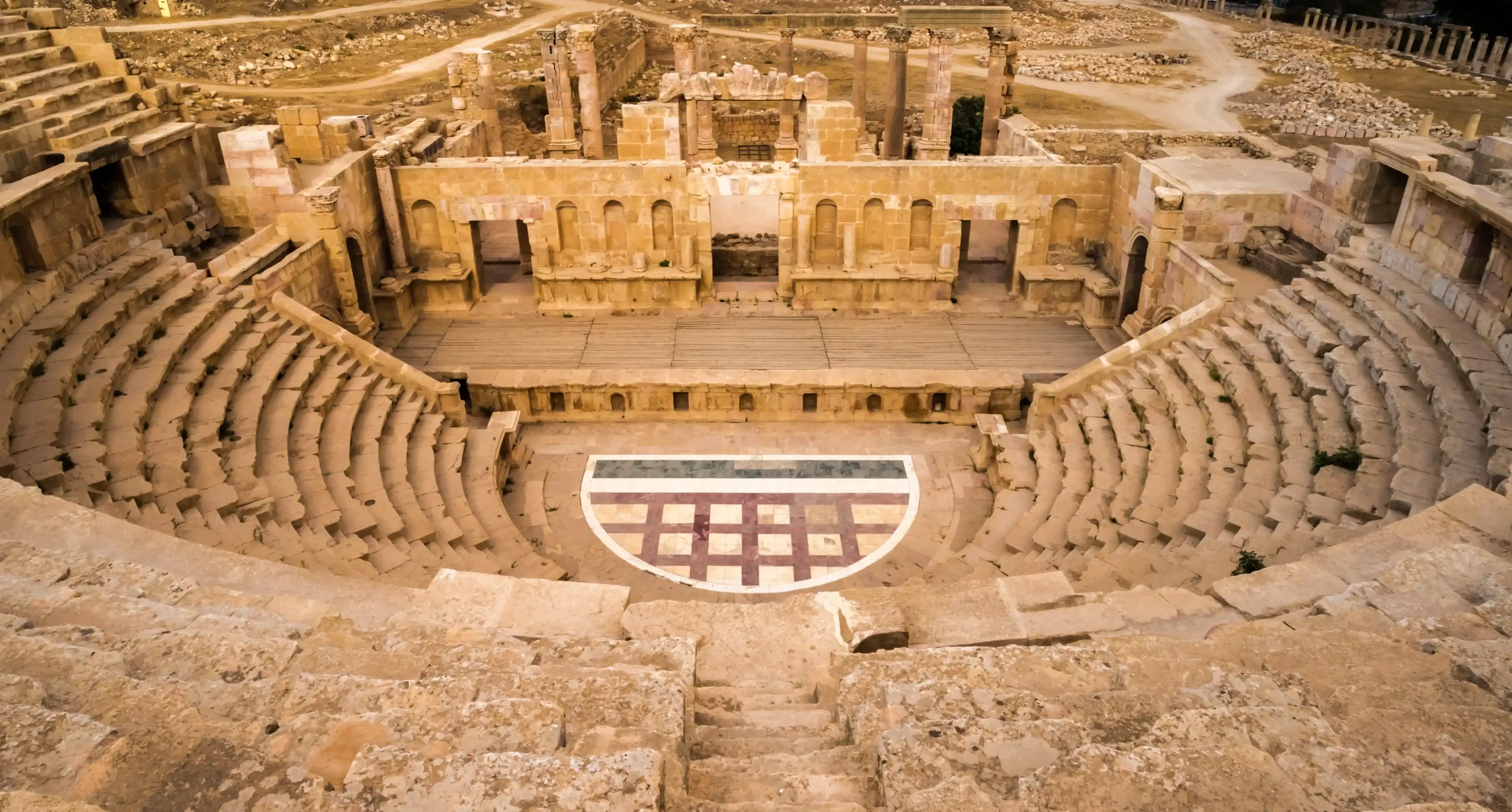 The remainings of an ancient amphitheater in the ruins of Roman Jerash in todays Jordan