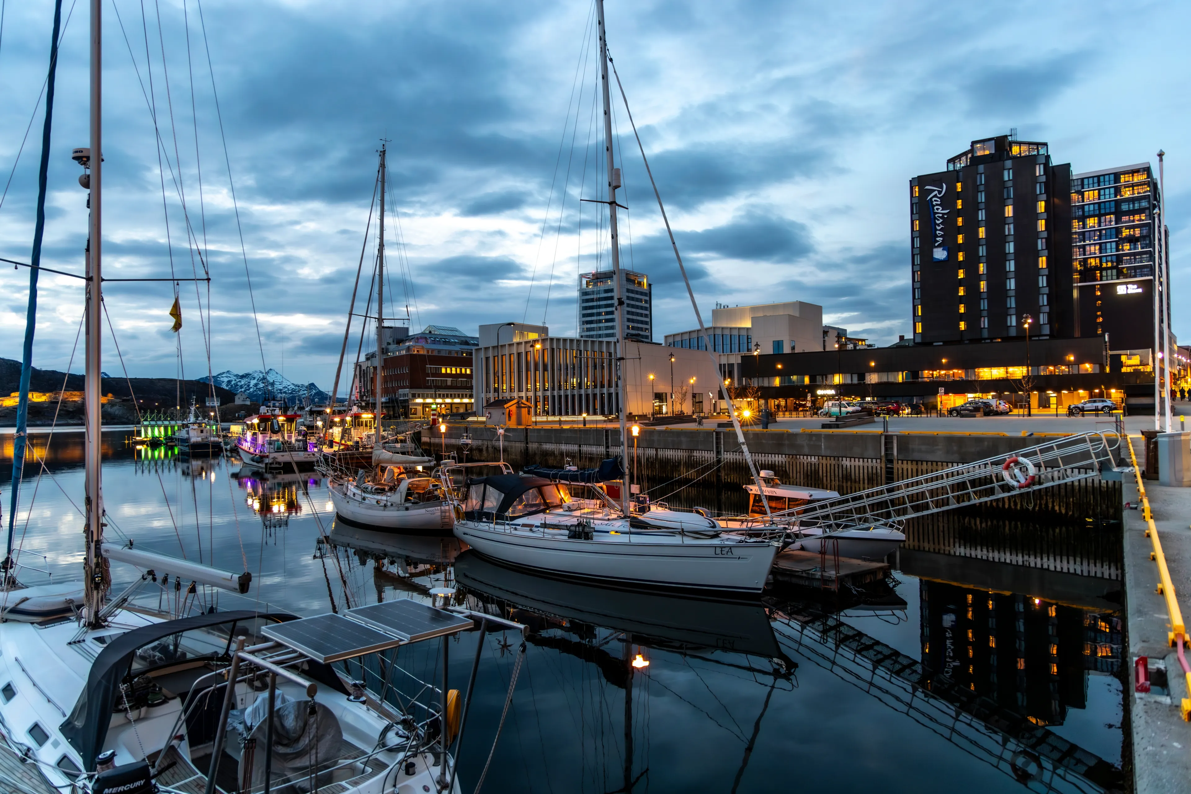 Bodo, Nordland, Norway : April 24, 2024 - Evening shot in the harbor of the town of Bodo in the Norwegian municipality of the same name, Bodo in the province of Nordland, Norway