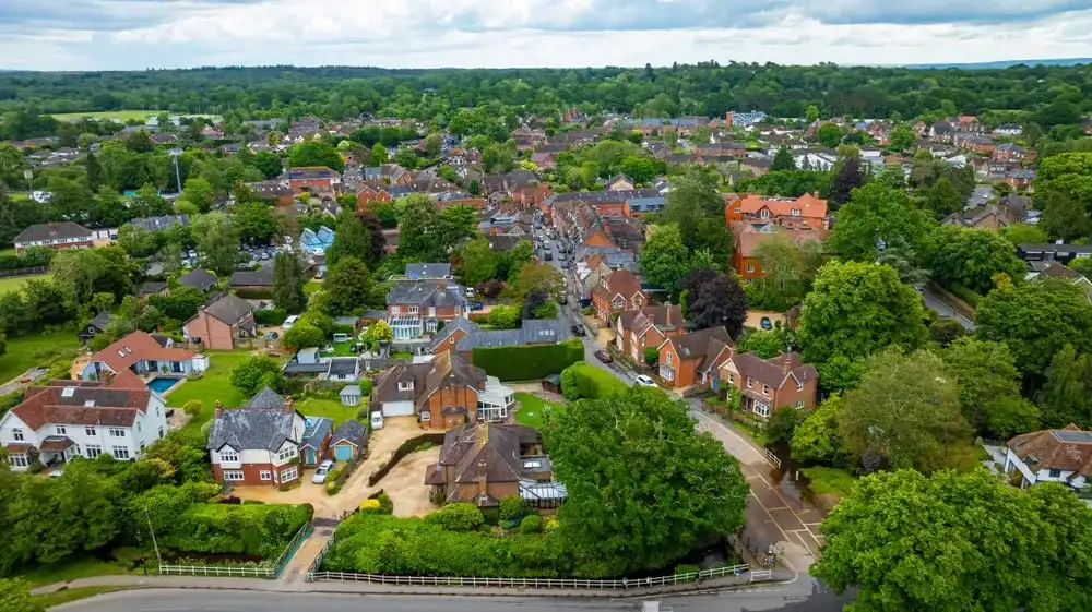 Aerial view of Brockenhurst, the largest village by population within the New Forest in Hampshire, England, UK Aerial view of Brockenhurst, the largest village by population within the New Forest in Hampshire, England, UK