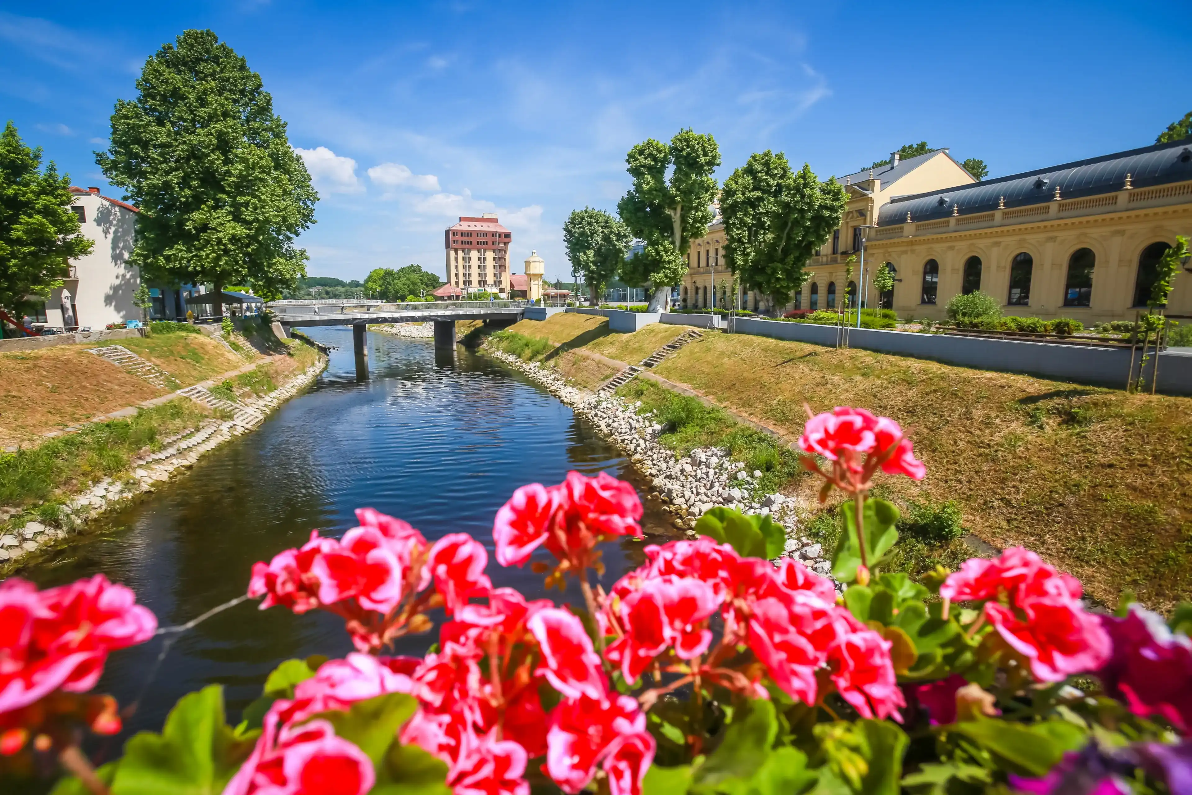View of flowers on the bridge and pedestrian bridge across river Vuka in Vukovar, Croatia.