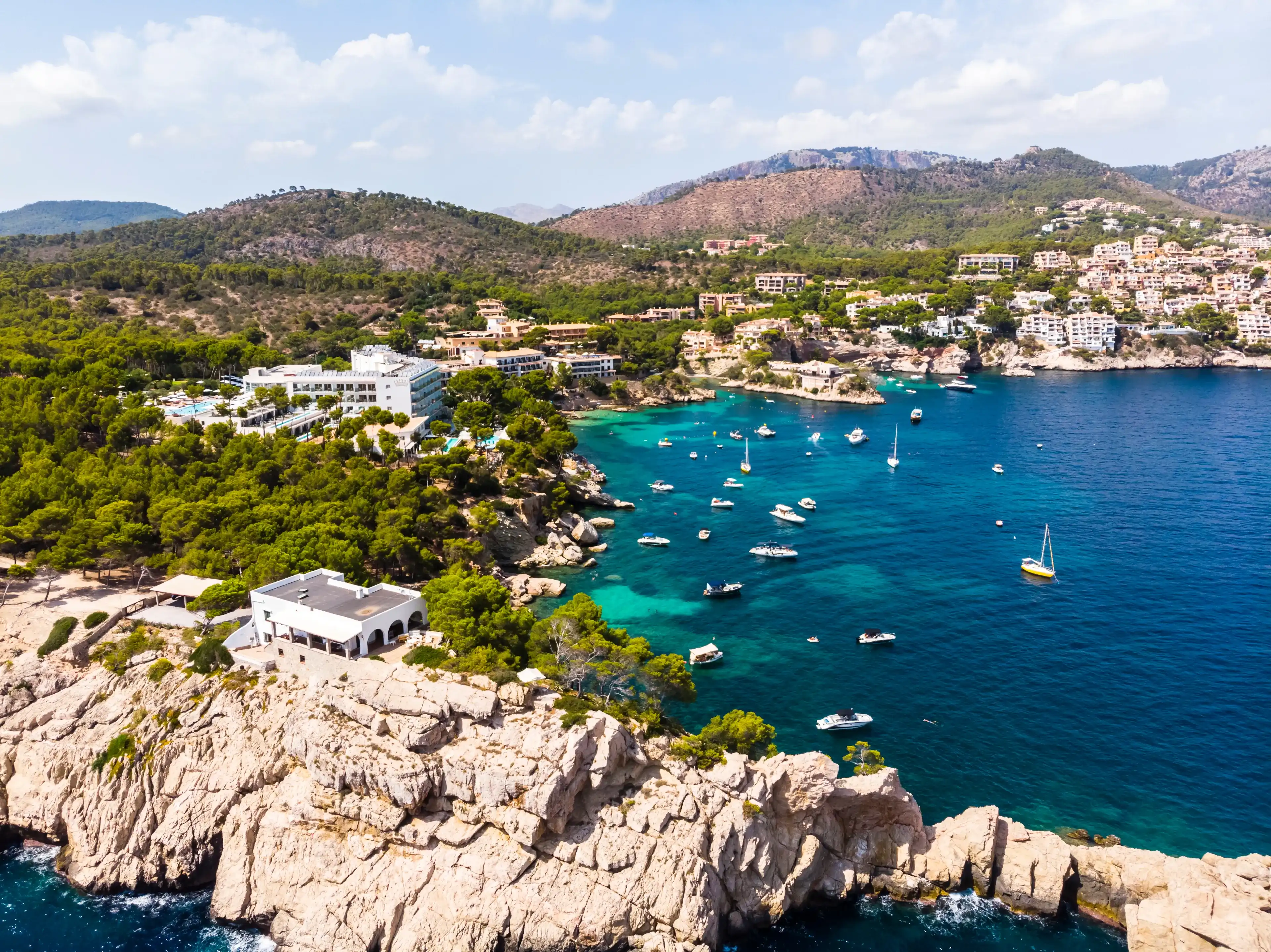 Aerial view, natural harbor and coast of Cala Fornells, Paguera region, Balearic Islands, Spain