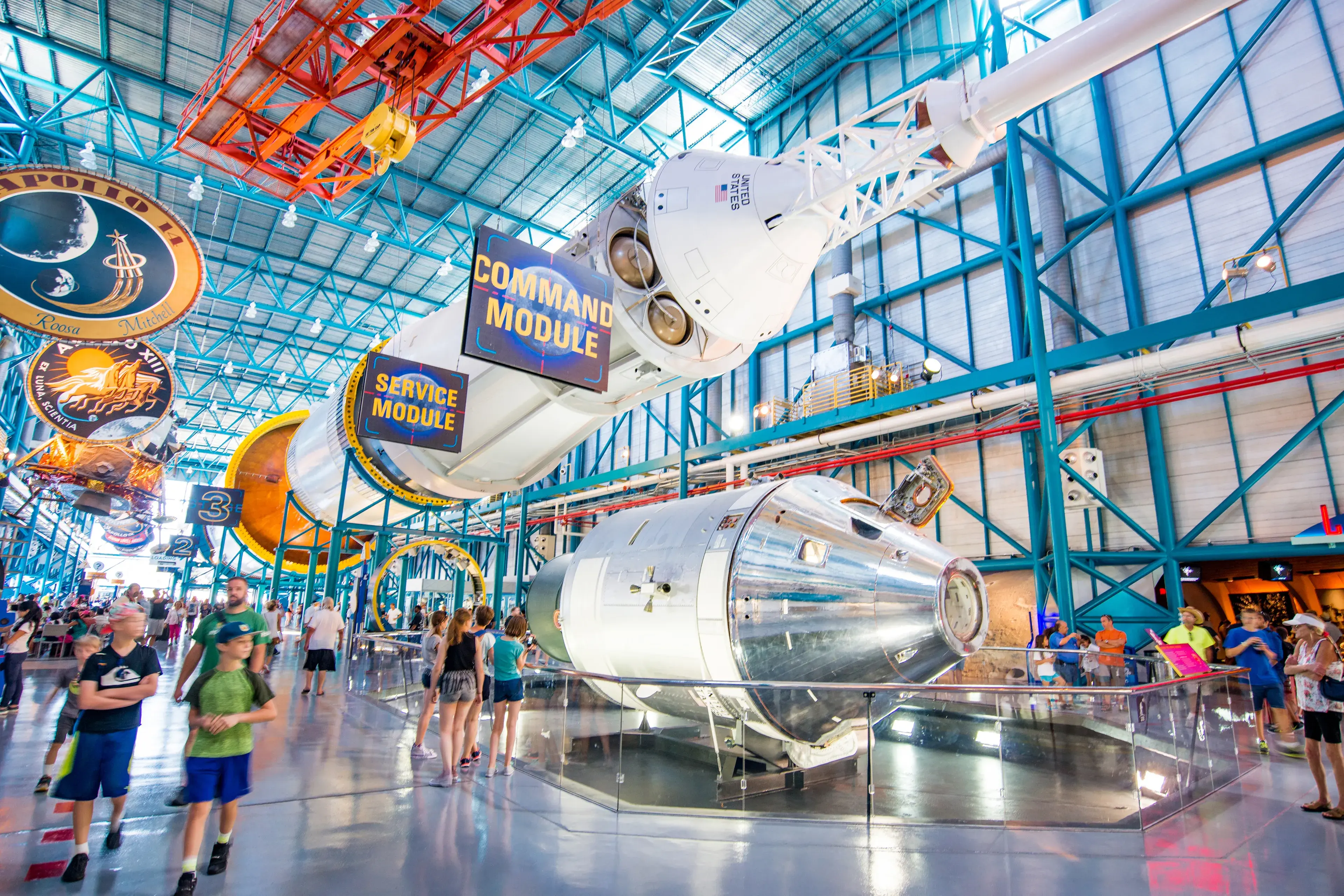 MERRITT ISLAND, FL - 31 July 2016: The first stage engines of the Saturn 5 rocket which is exhibited at the visitor complex of Kennedy Space Center, United States MERRITT ISLAND, FL - 31 July 2016: The first stage engines of the Saturn 5 rocket which is exhibited at the visitor complex of Kennedy Space Center, United States