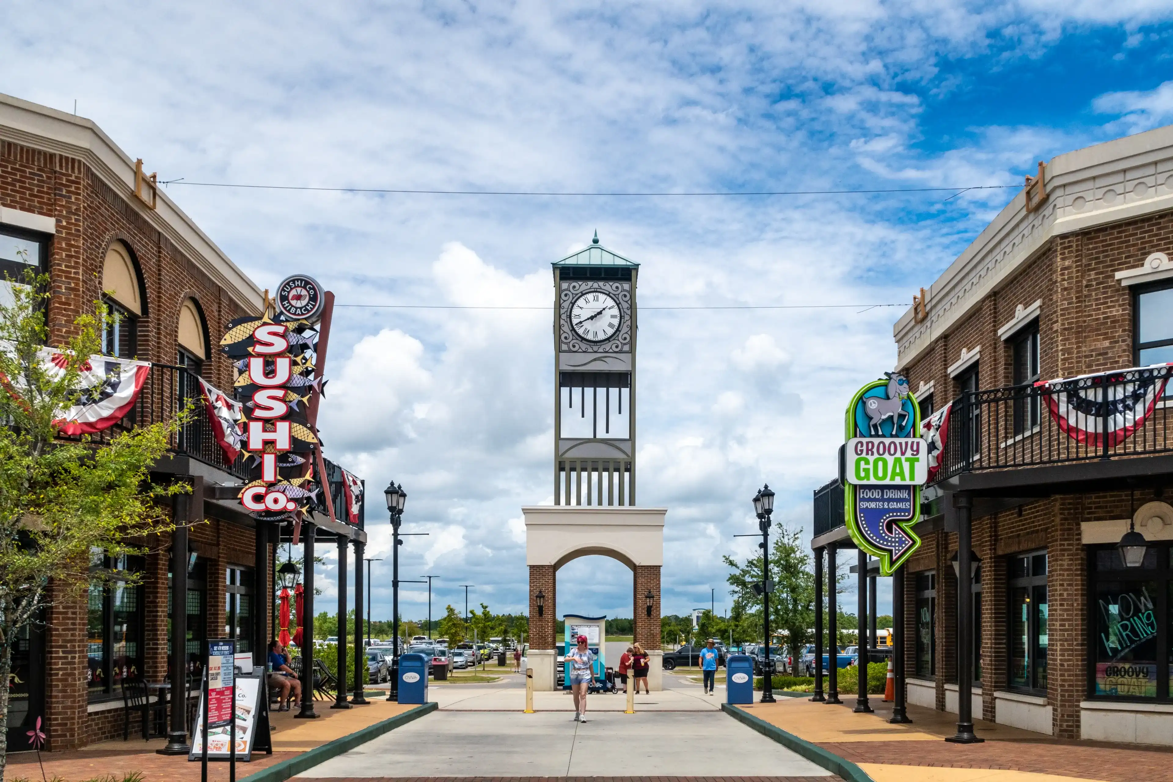 City of Foley in Alabama State, USA, 2021: Tourist plaza with a clock tower City of Foley in Alabama State, USA, 2021: Tourist plaza with a clock tower