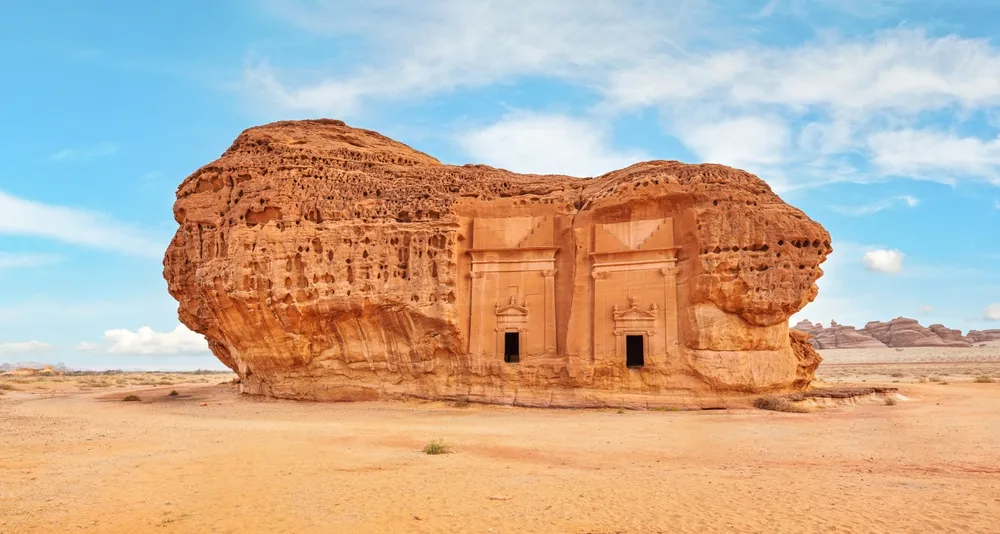 Old Nabatean architecture at Jabal Al Ahmar, Hegra in Saudi Arabia, 18 ancient tombs are located here