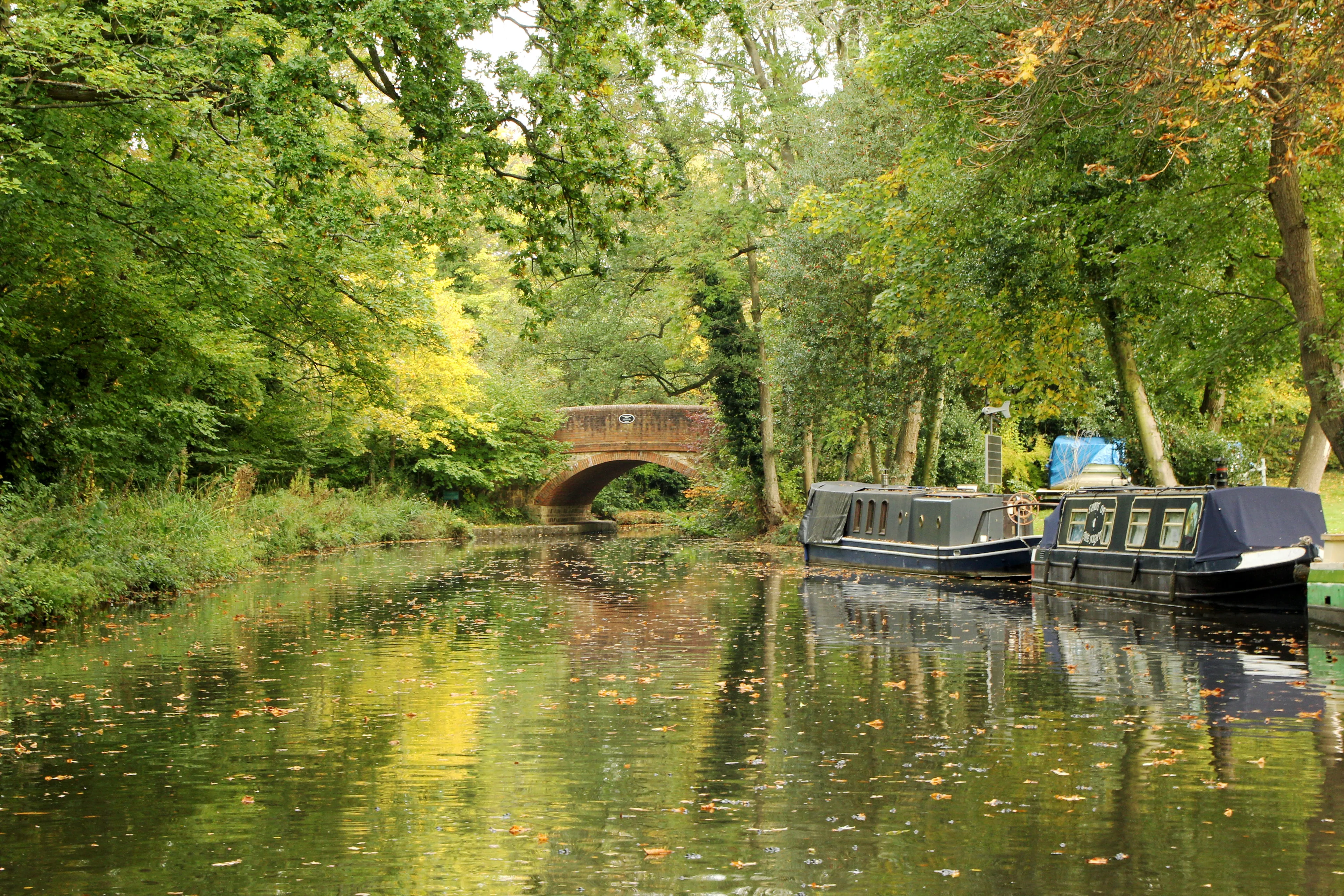 Basingstoke Canal, near to to Farnboroigh, United Kingdom. Narrow boats used for canal navigation and old bridge