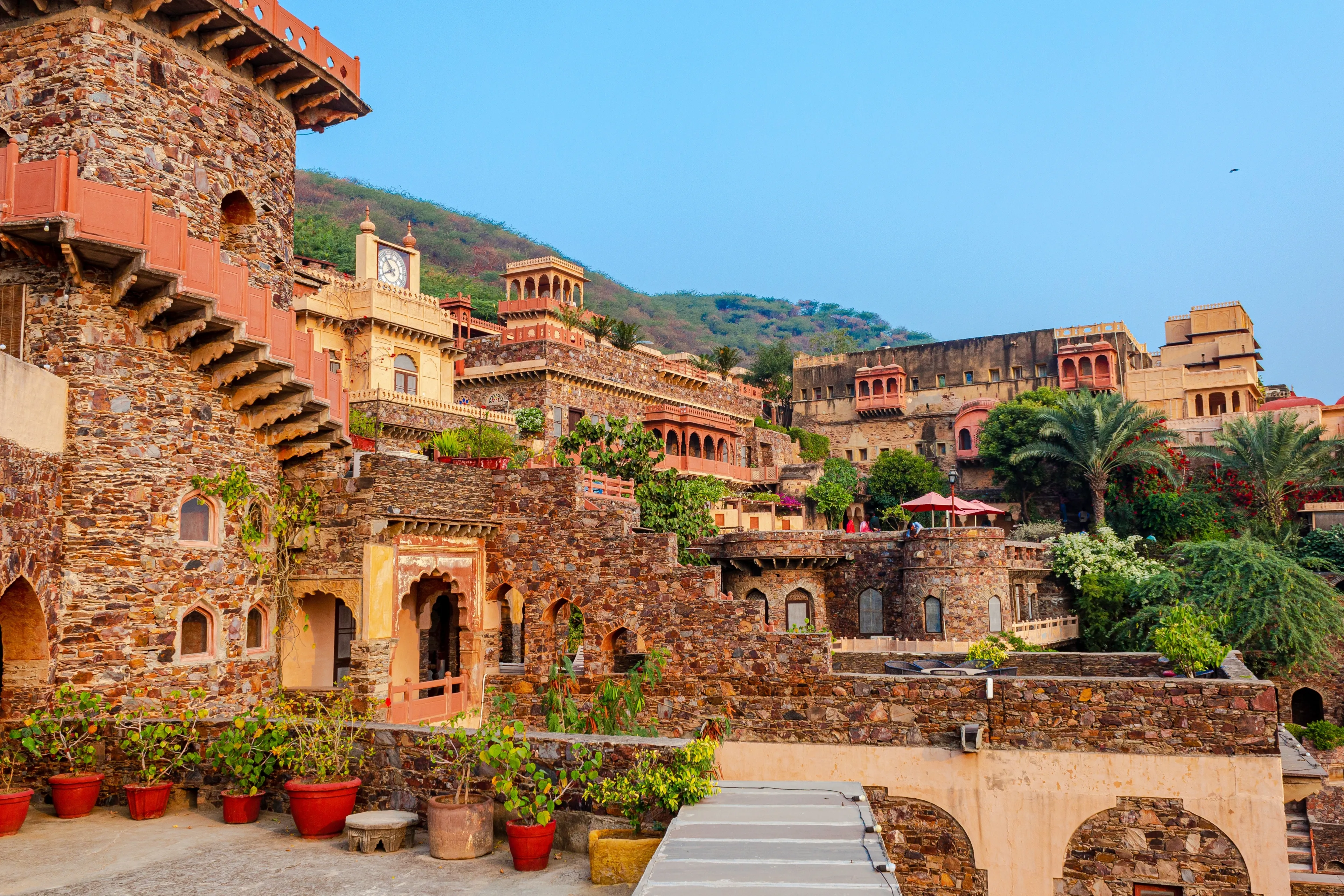 Neemrana Fort Palace - 15th century Fort located in Neemrana in Alwar Rajasthan India. Old medieval Fort-Palace built on Aravalli hills. Perfect weekend getaway from Delhi. Famous Luxury Resort India.