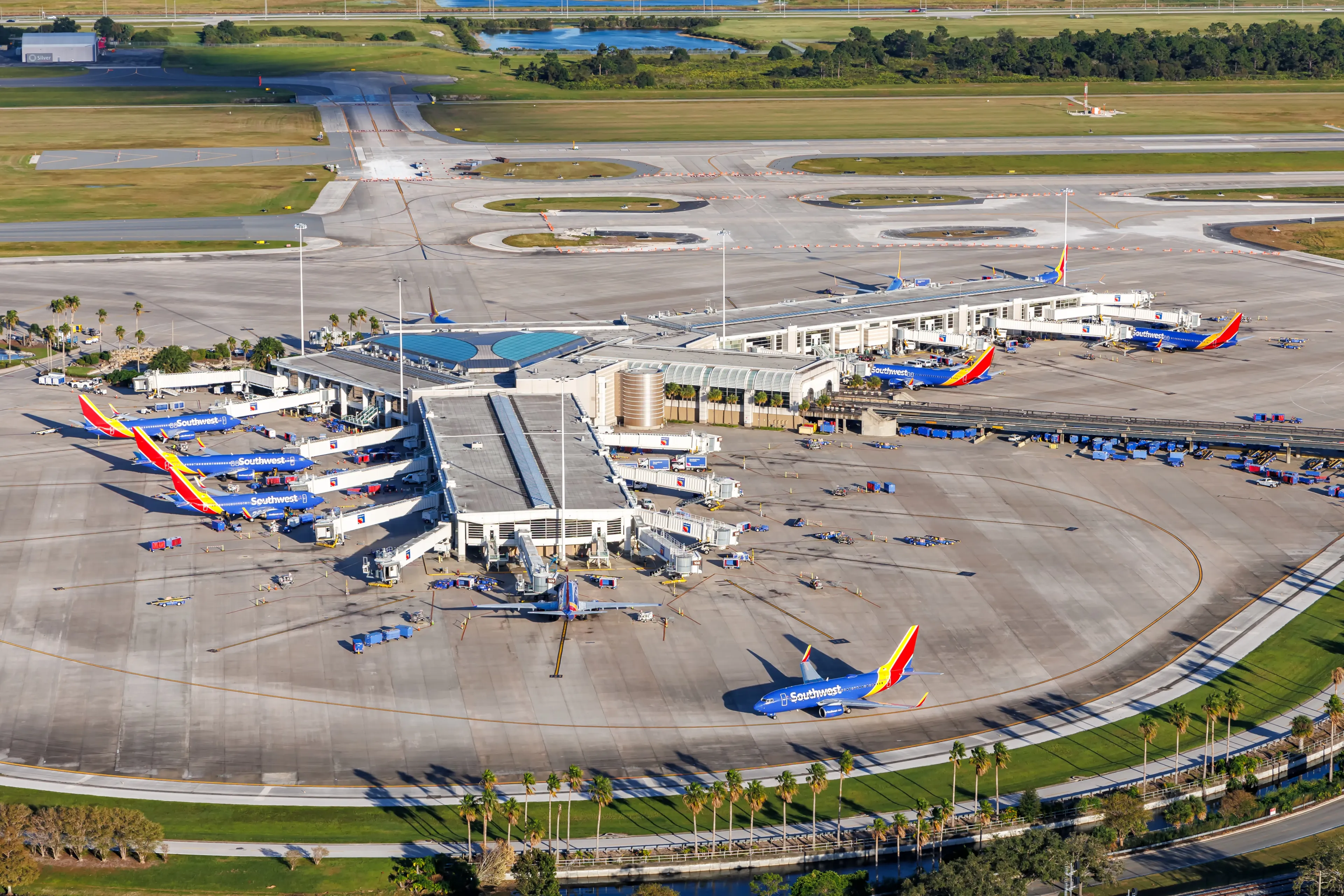 Orlando, United States - October 17, 2024: Aerial view photo of Orlando International Airport with Terminal Southwest Airlines Concourse Airside 2 in Orlando, United States.