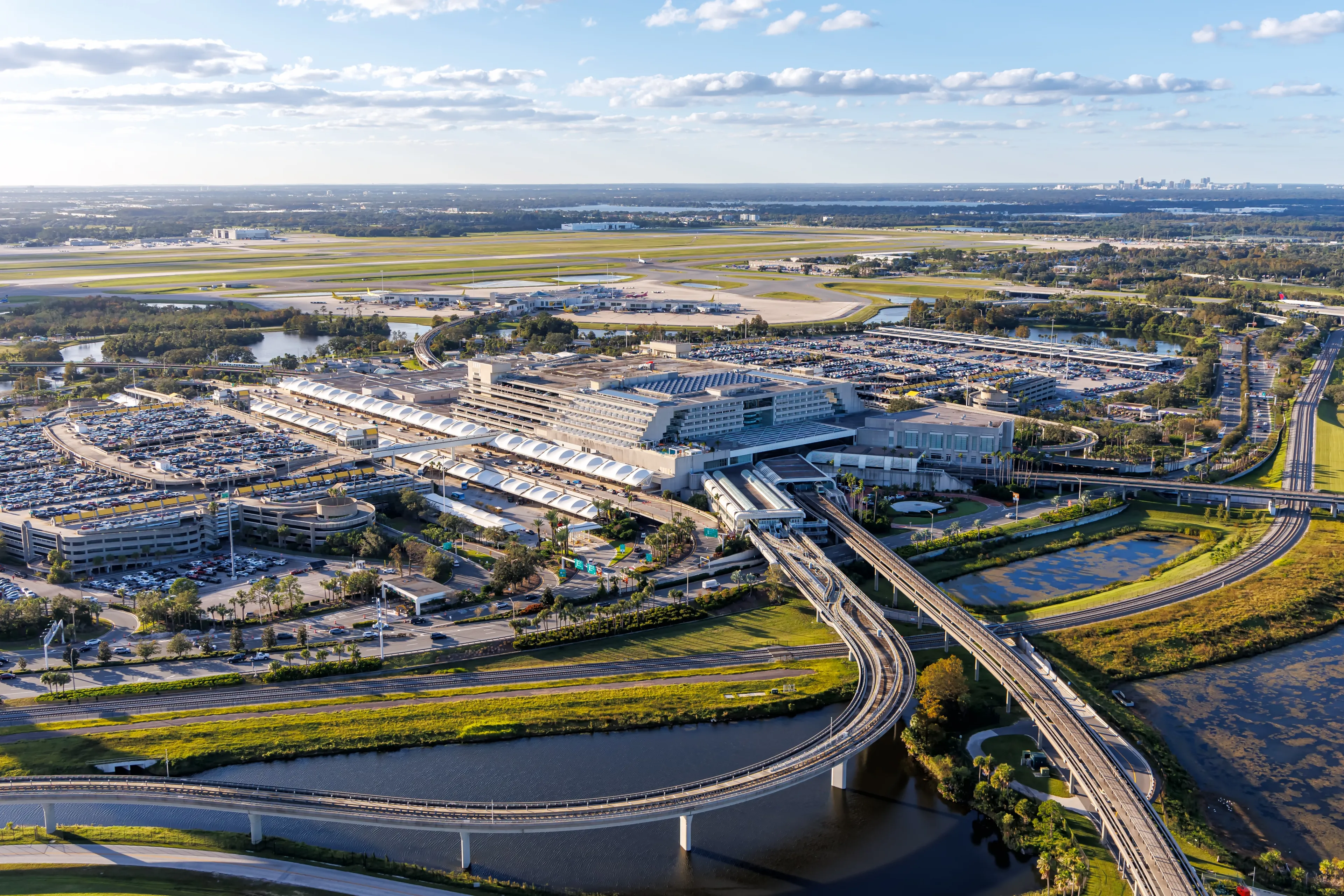 Orlando, United States - October 17, 2024: Aerial view photo of Orlando International Airport with Terminal in Orlando, United States.