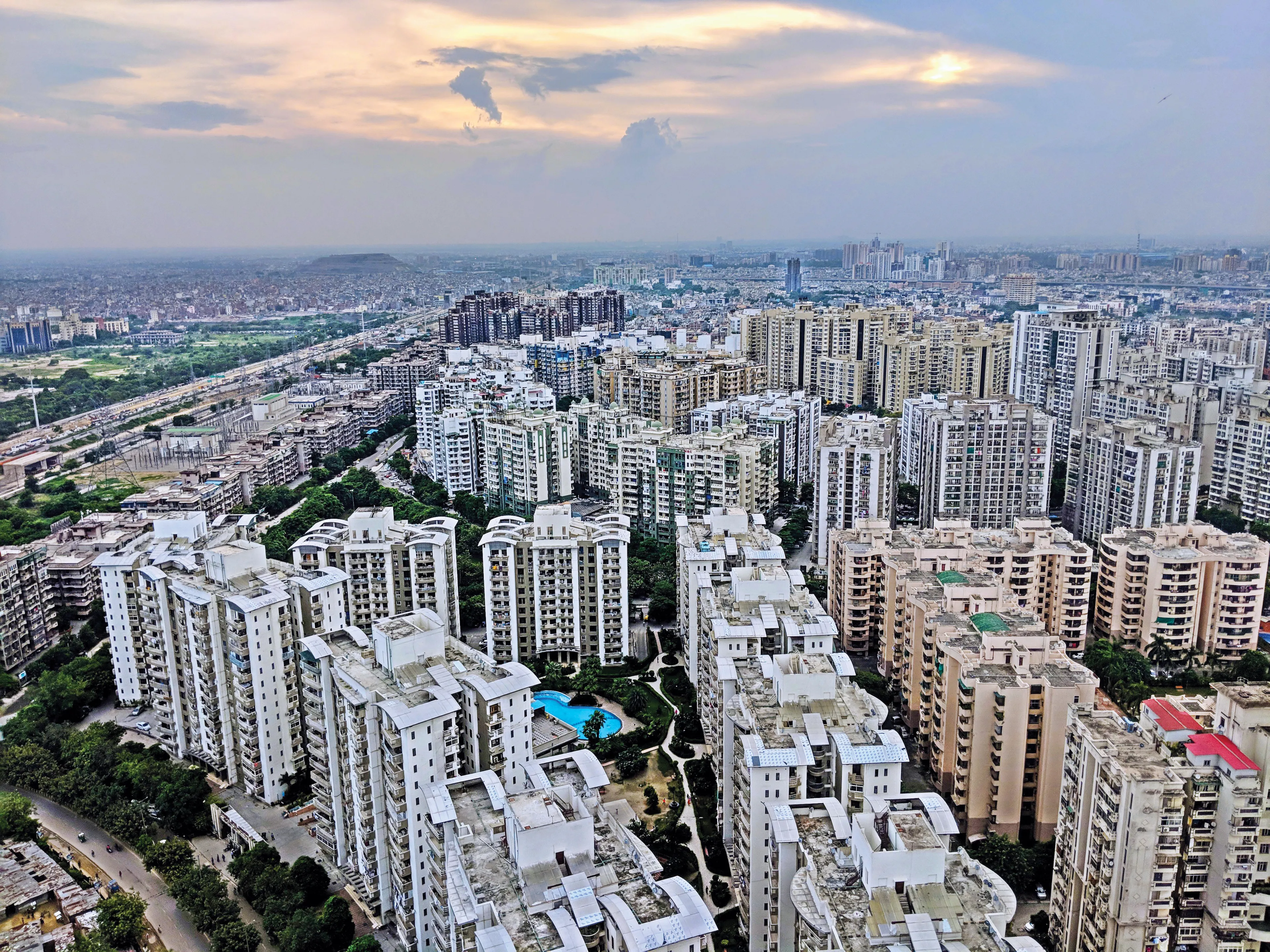 Cityscape of Indirapuram, Ghaziabad covering NH 9, Noida , Ghazipur Dump, Elevated Road connecting Raj Nagar Extn. Day View
