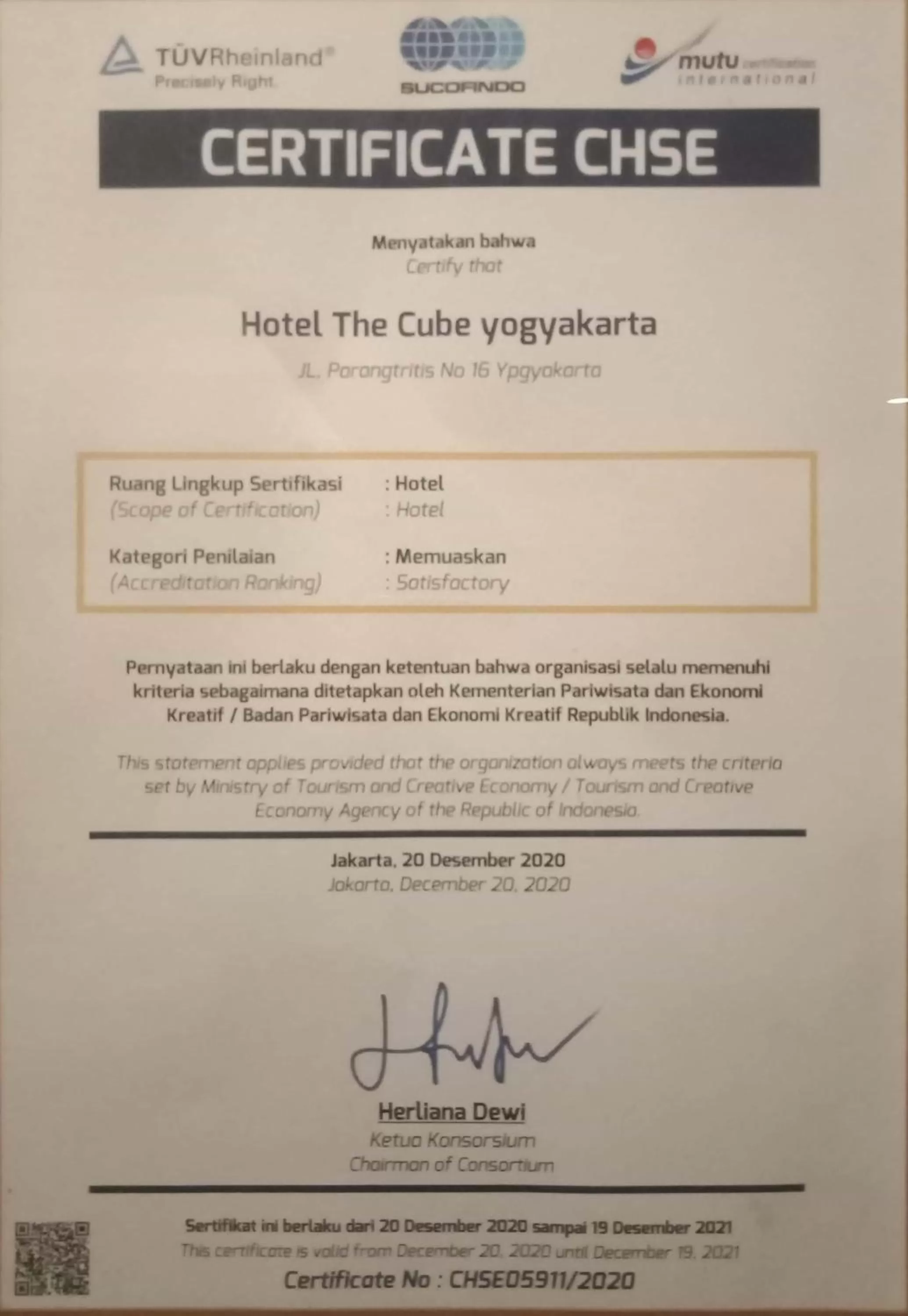 Certificate/Award in The Cube Hotel Malioboro, Azana Hotels Collection