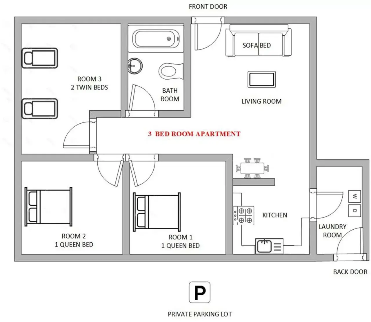 Floor Plan in 1 or 3 Bedroom Apartment with Full Kitchen