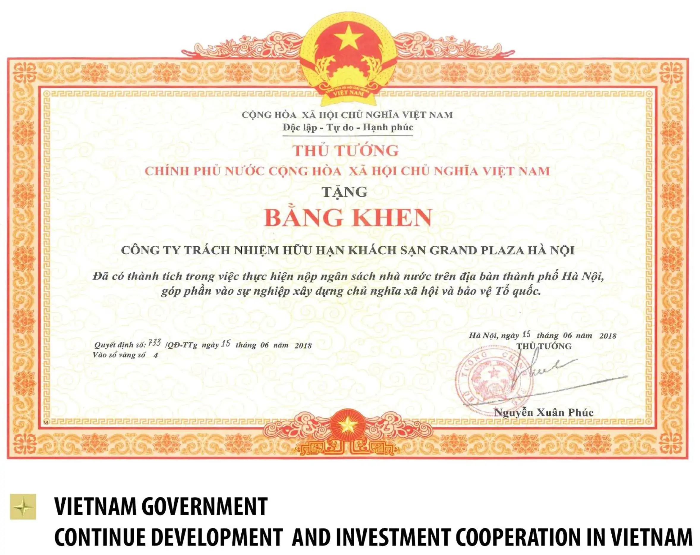 Certificate/Award in Grand Plaza Hanoi Hotel