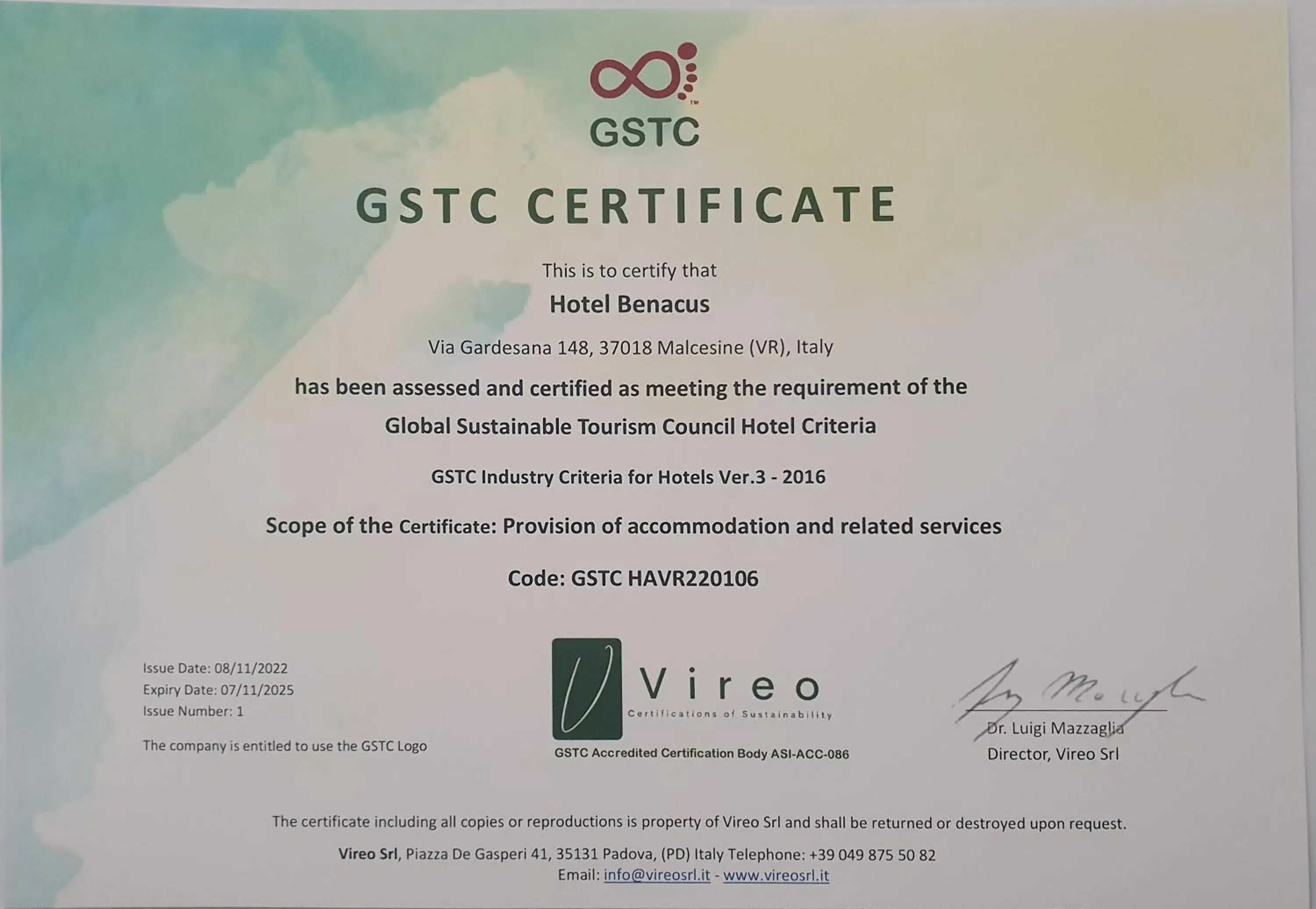 Certificate/Award in Hotel Benacus Malcesine