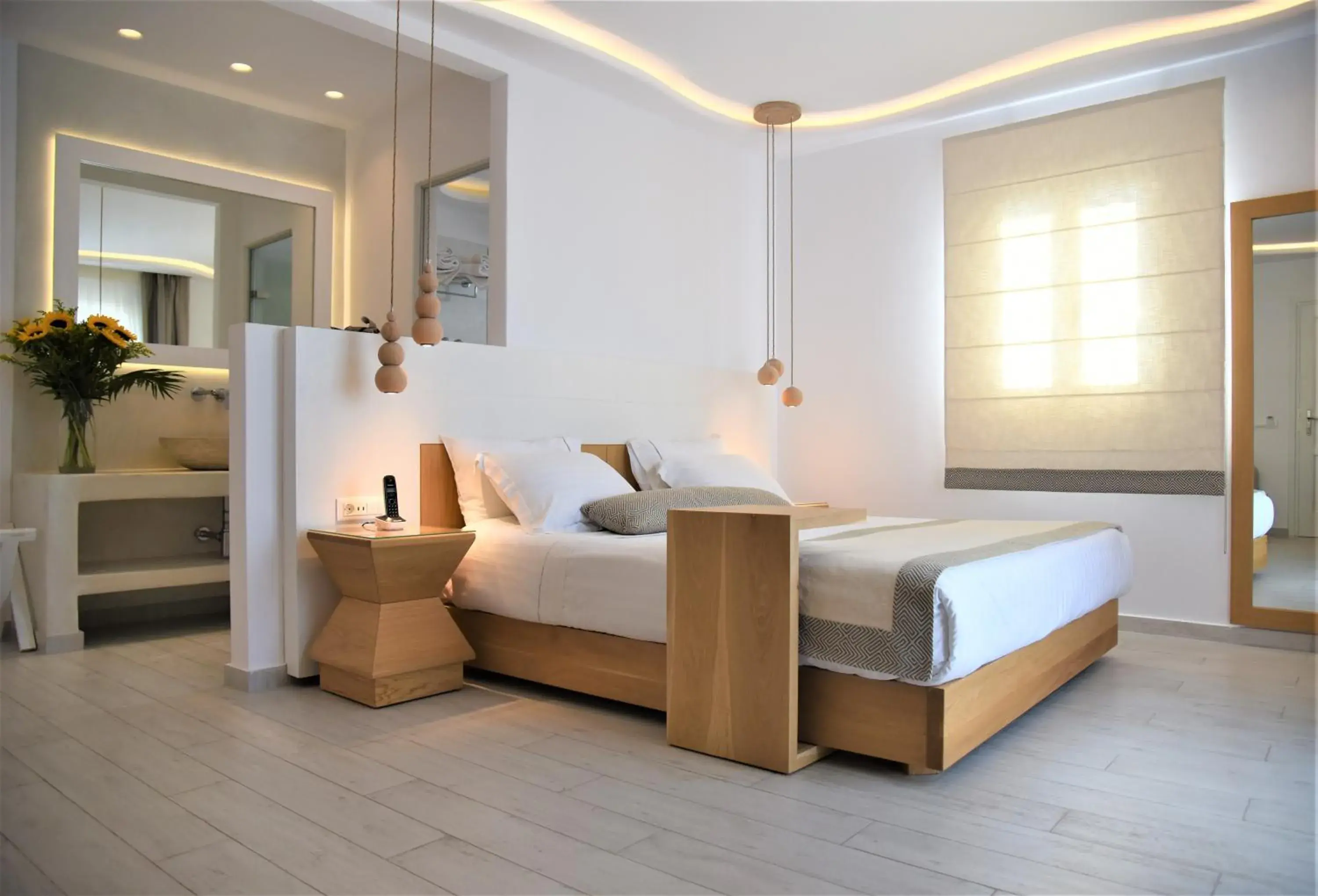 Bed in Damianos Mykonos Hotel
