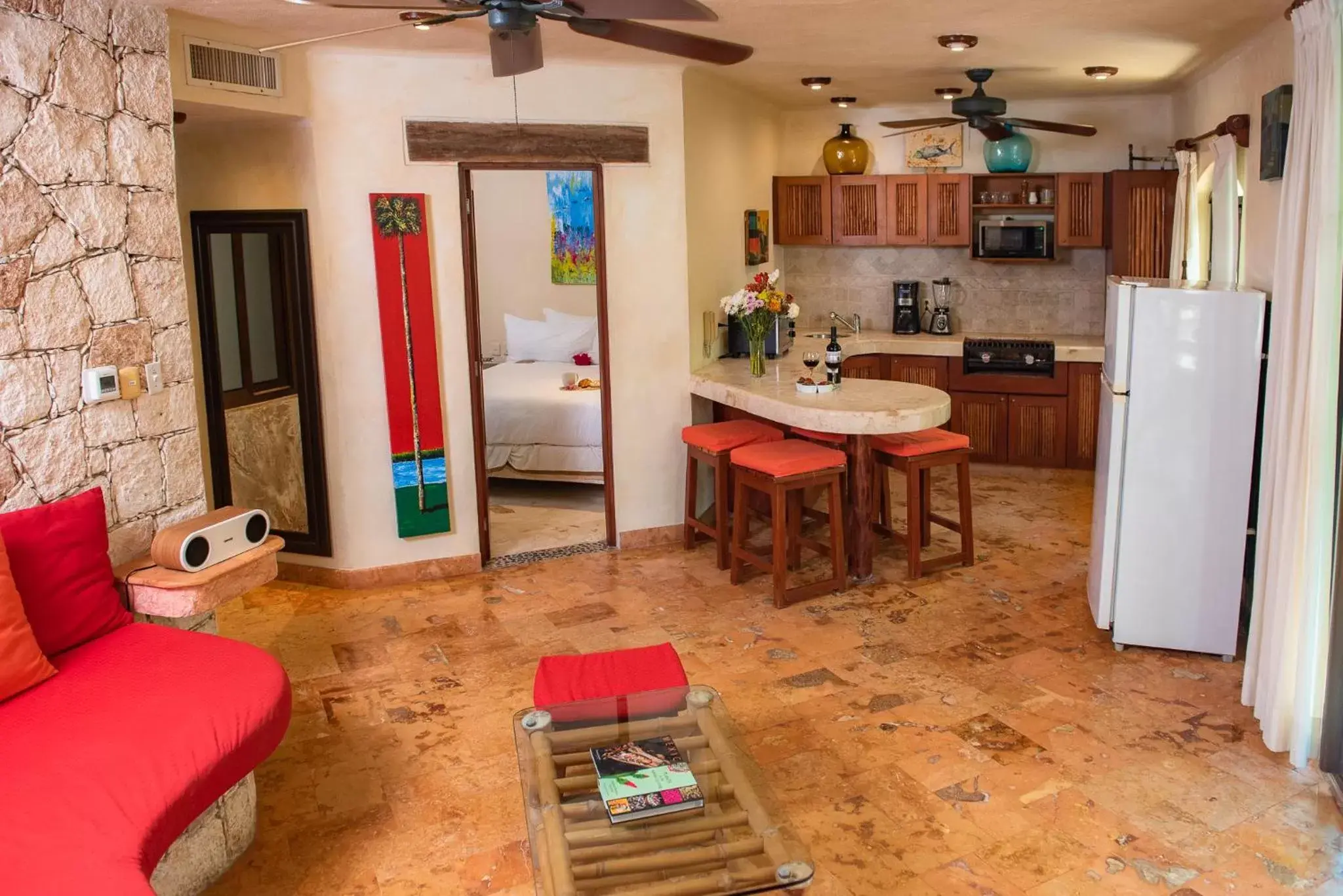 Living room, Kitchen/Kitchenette in Villas Sacbe Condo Hotel and Beach Club