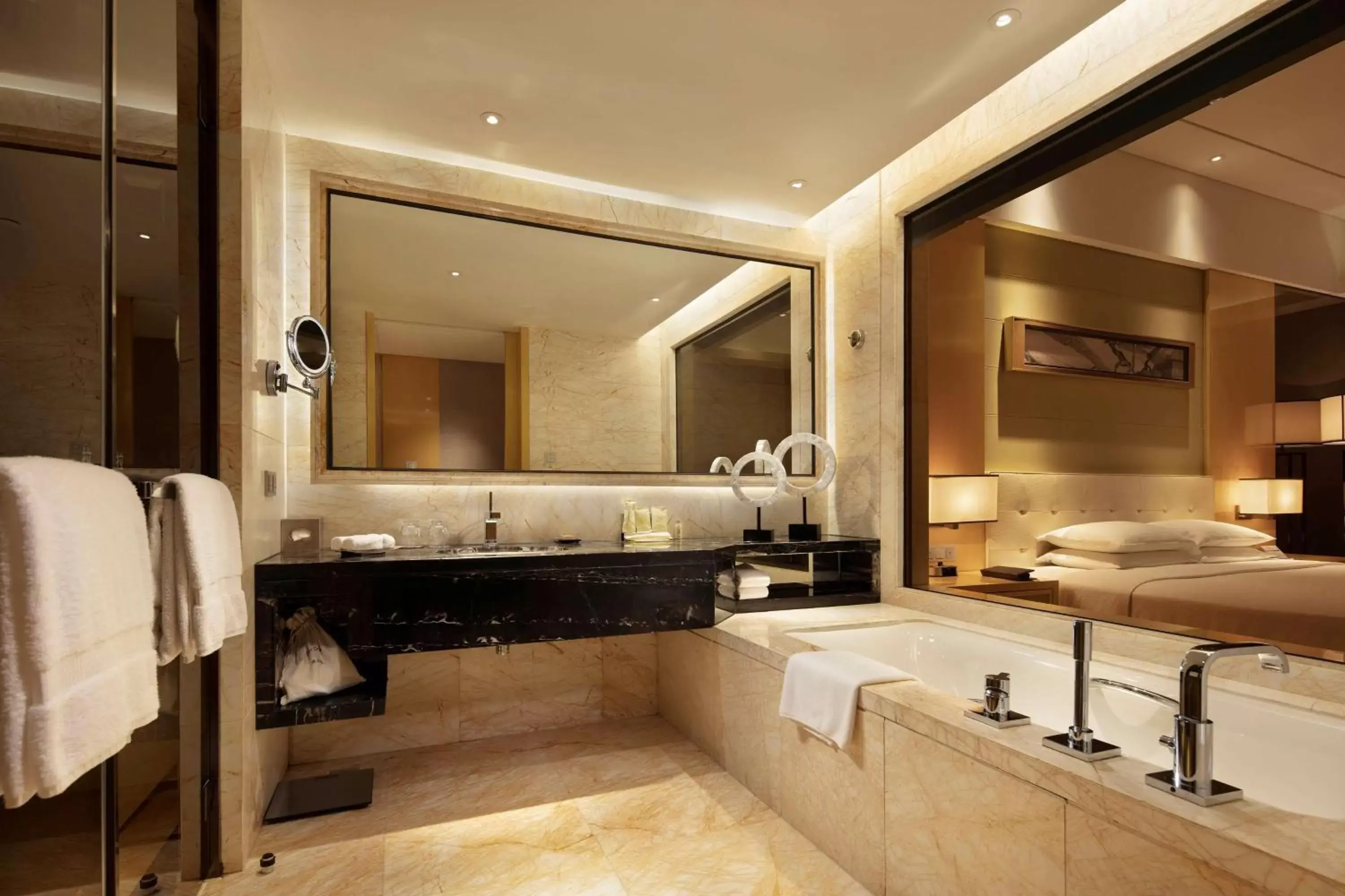 Bed, Bathroom in Hilton Dalian